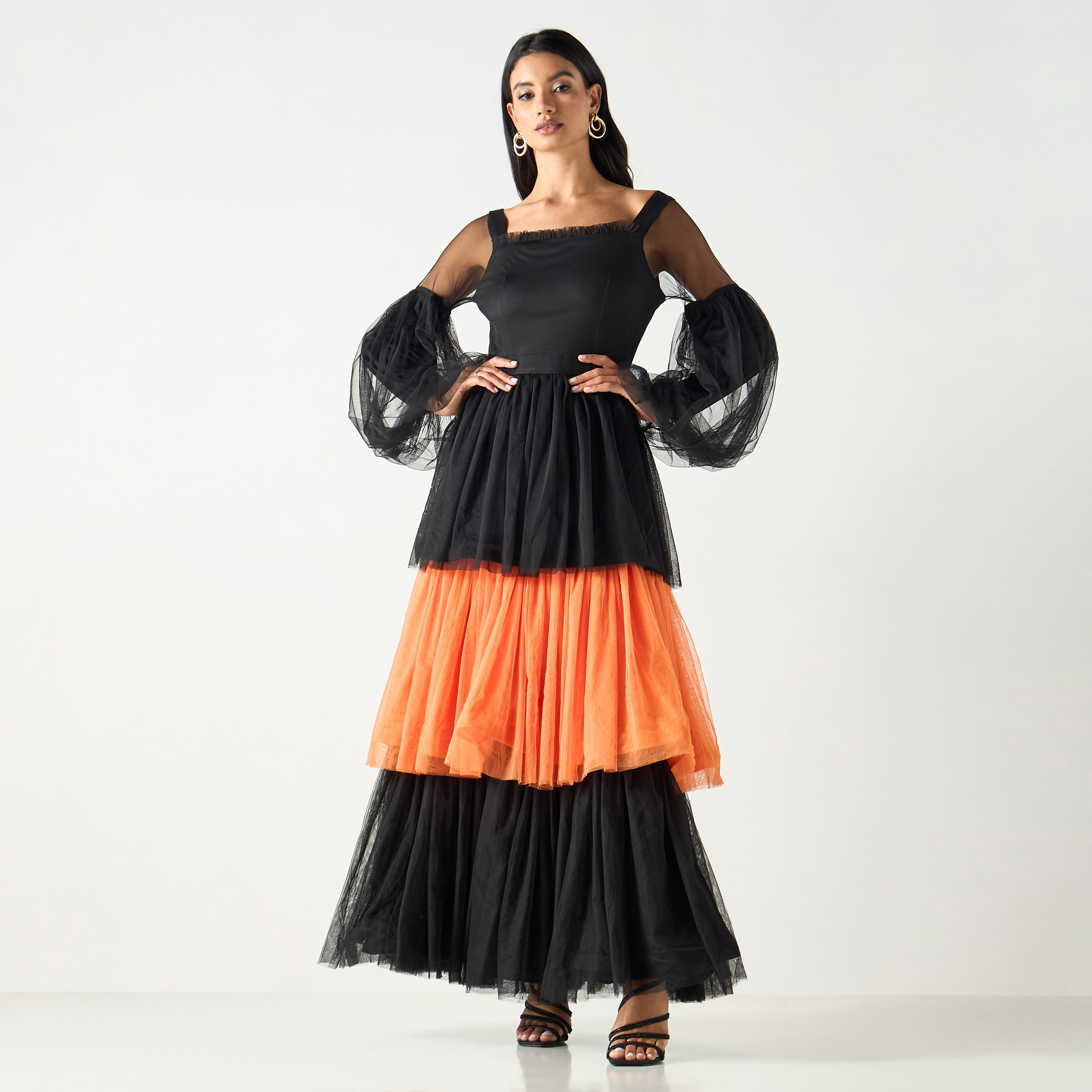 Golden Apple Ruffle Detailed Maxi Dress with Mesh Sleeves-women-clothing-dresses-image-1