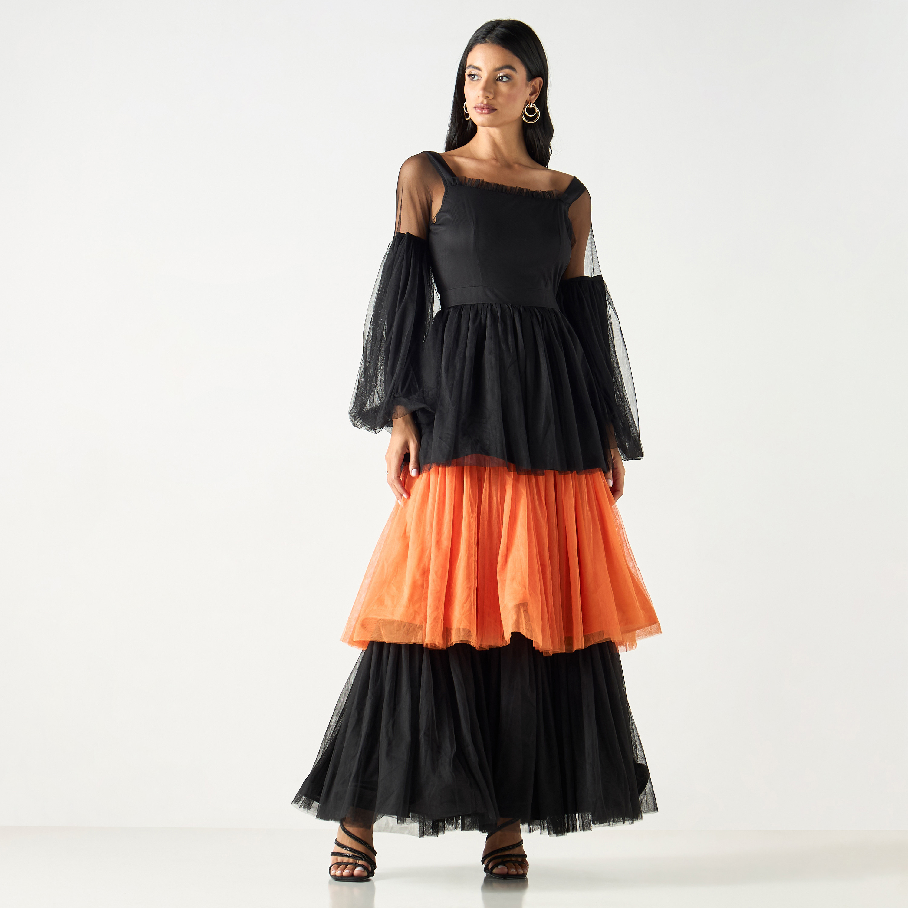 فستان طويل بتفاصيل كشكش وأكمام شبكة من جولدن أبل-women-clothing-dresses-image-2