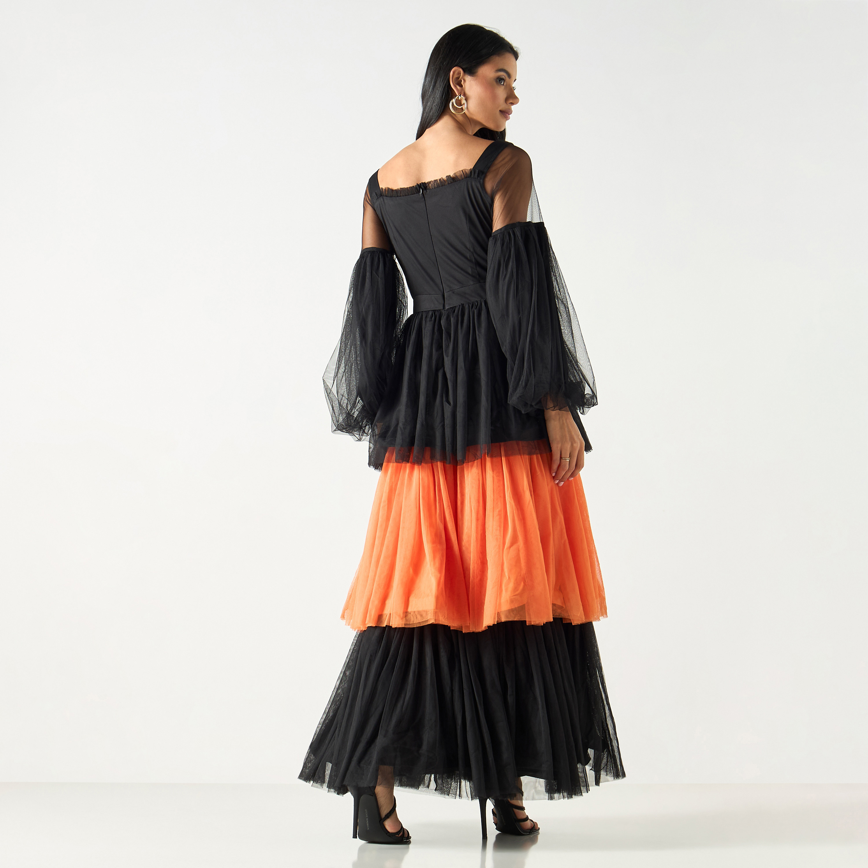 Golden Apple Ruffle Detailed Maxi Dress with Mesh Sleeves-women-clothing-dresses-image-3
