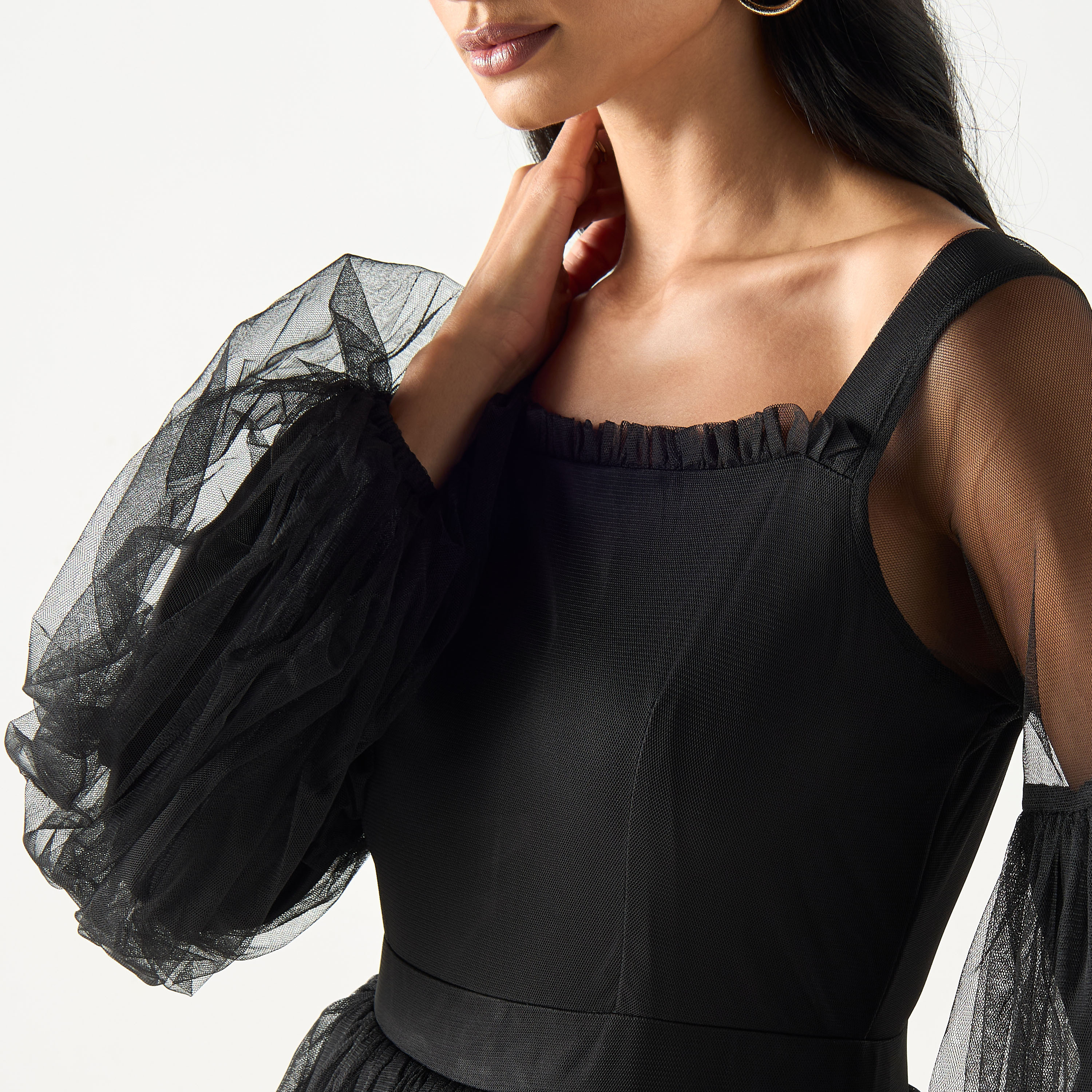 Golden Apple Ruffle Detailed Maxi Dress with Mesh Sleeves-women-clothing-dresses-image-4