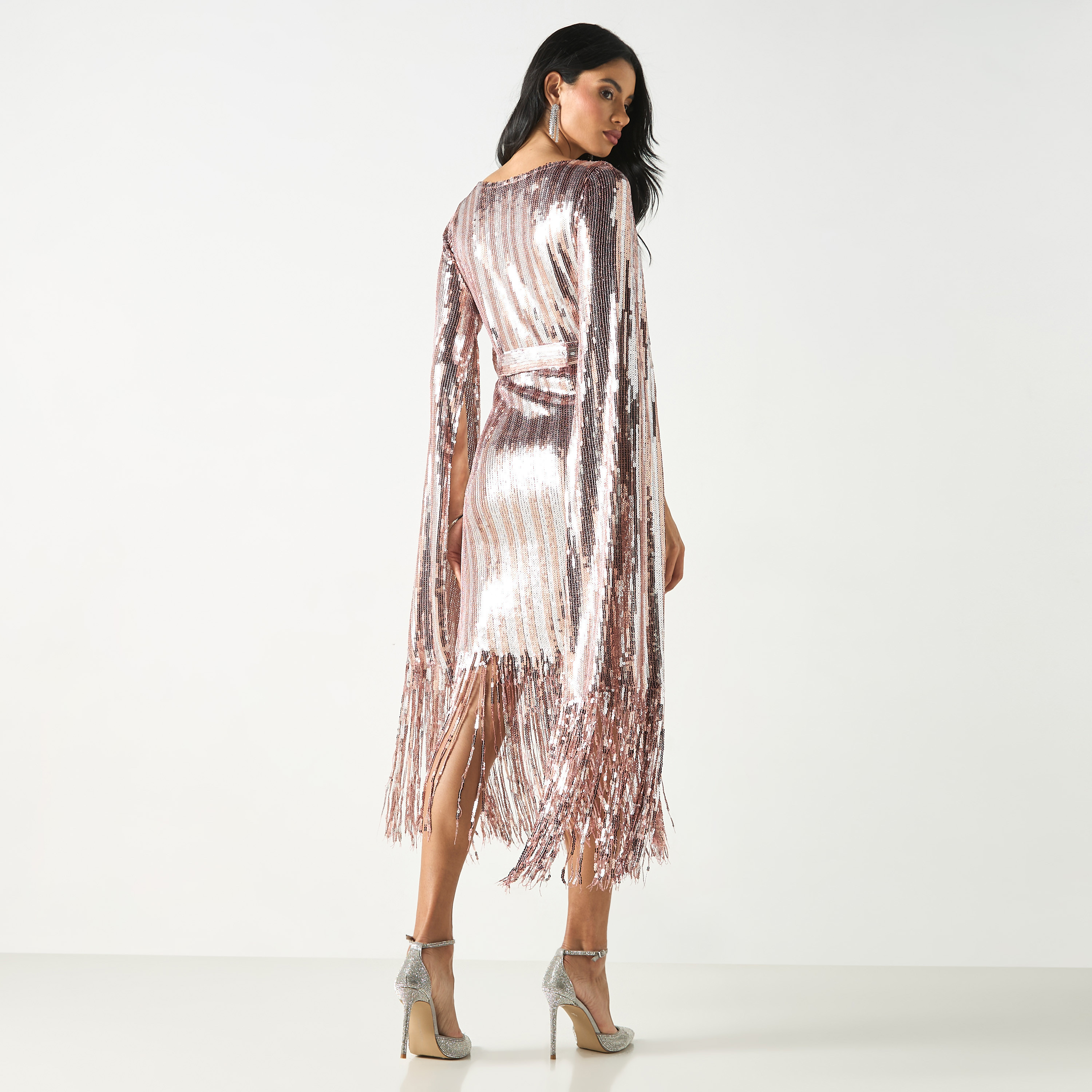 Golden Apple Sequin Detailed Midi Dress with Tasseled Hem-women-clothing-dresses-image-3