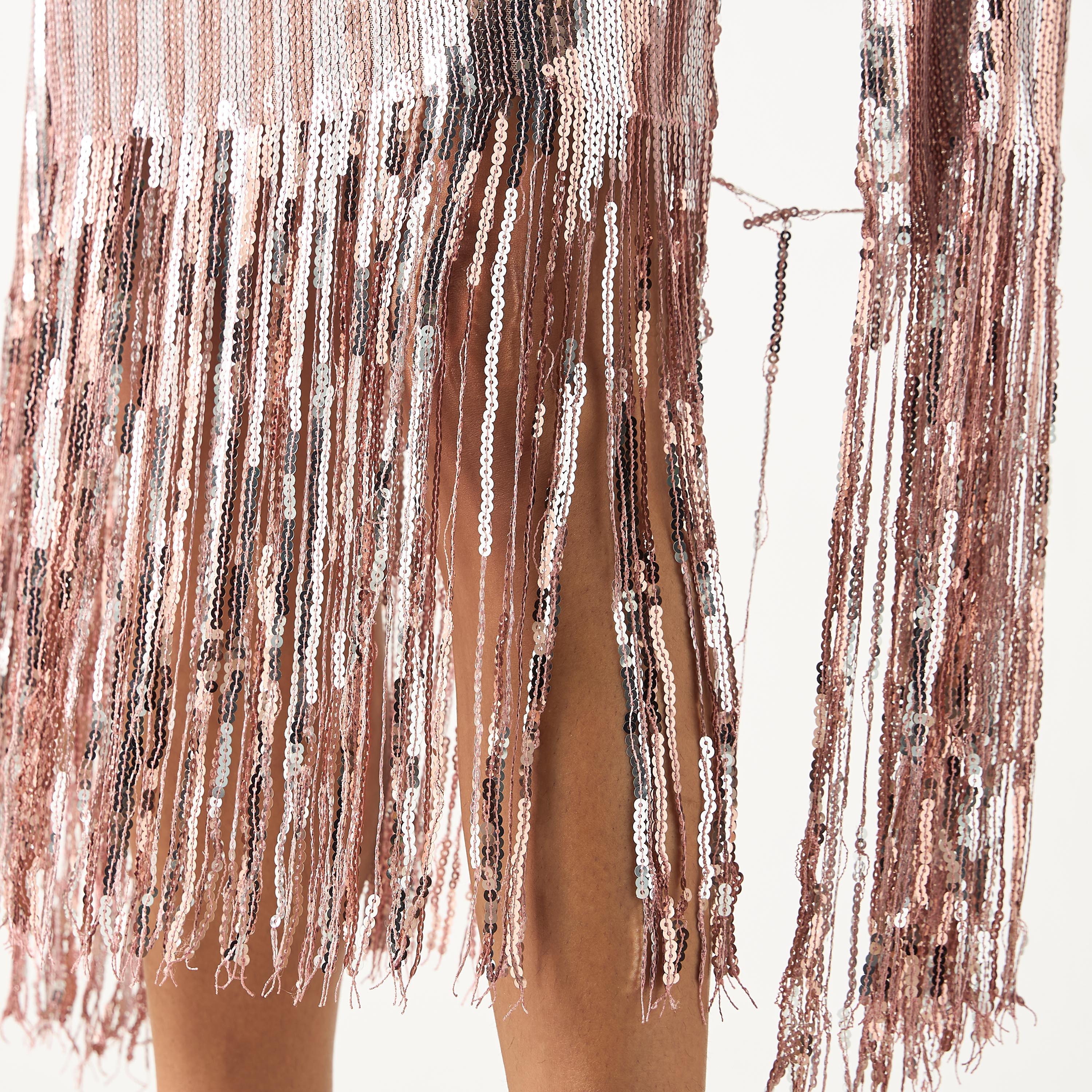 Golden Apple Sequin Detailed Midi Dress with Tasseled Hem-women-clothing-dresses-image-5
