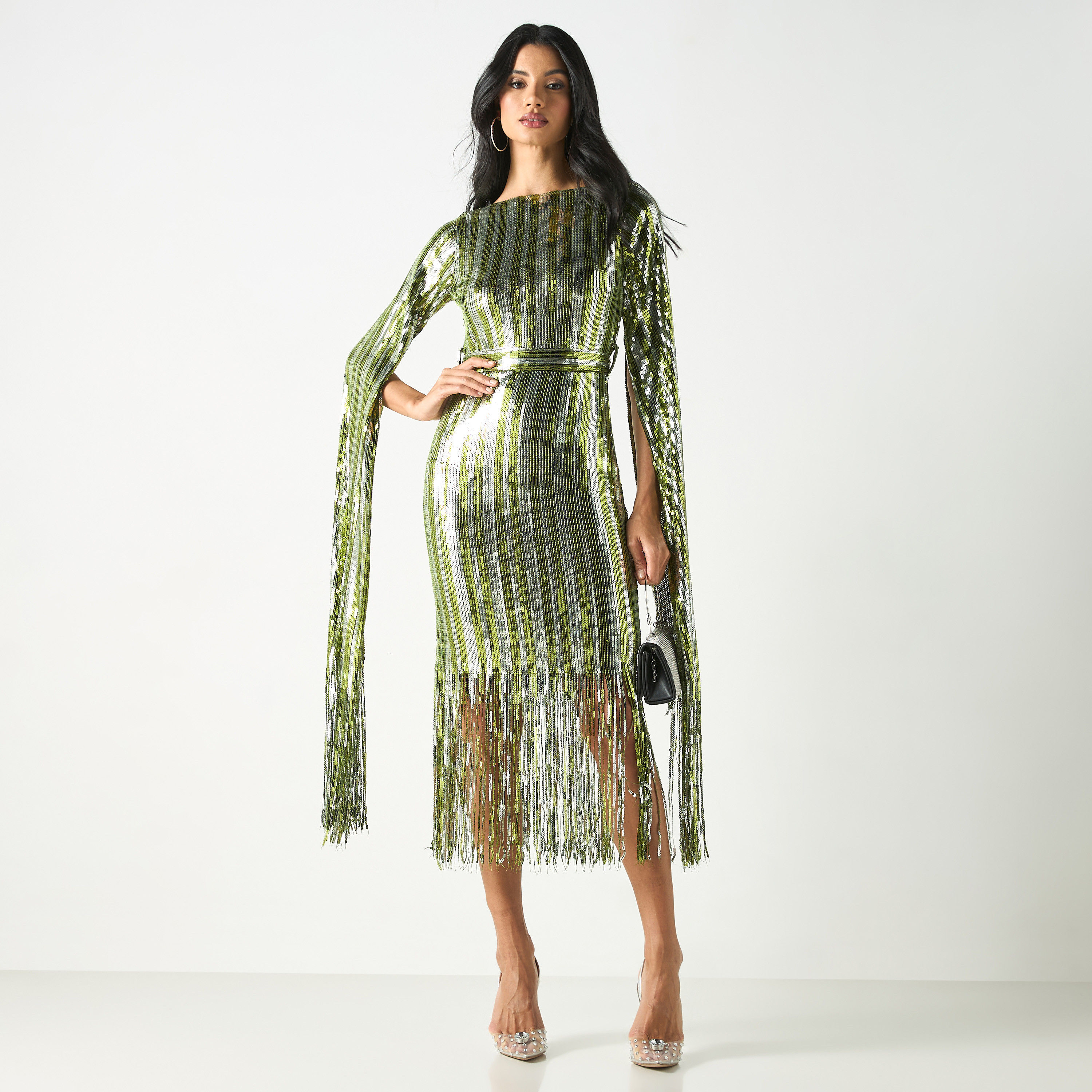 فستان ميدي بحافة بشرّابات وتفاصيل ترتر من جولدن أبل-women-clothing-dresses-image-10