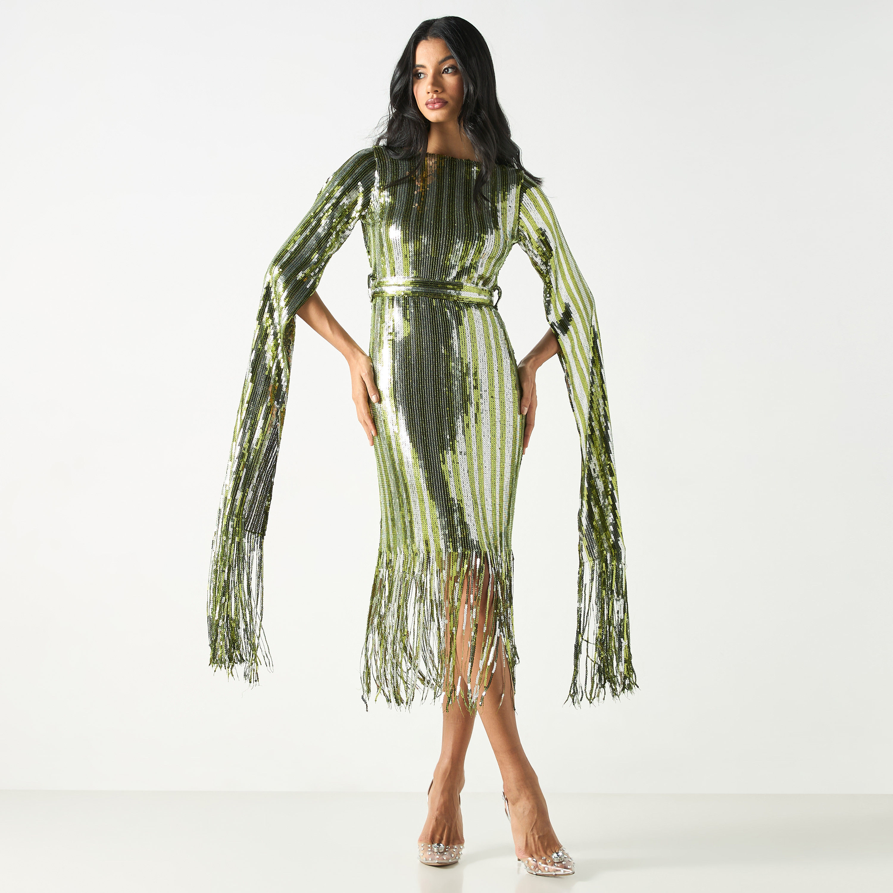 فستان ميدي بحافة بشرّابات وتفاصيل ترتر من جولدن أبل-women-clothing-dresses-image-11