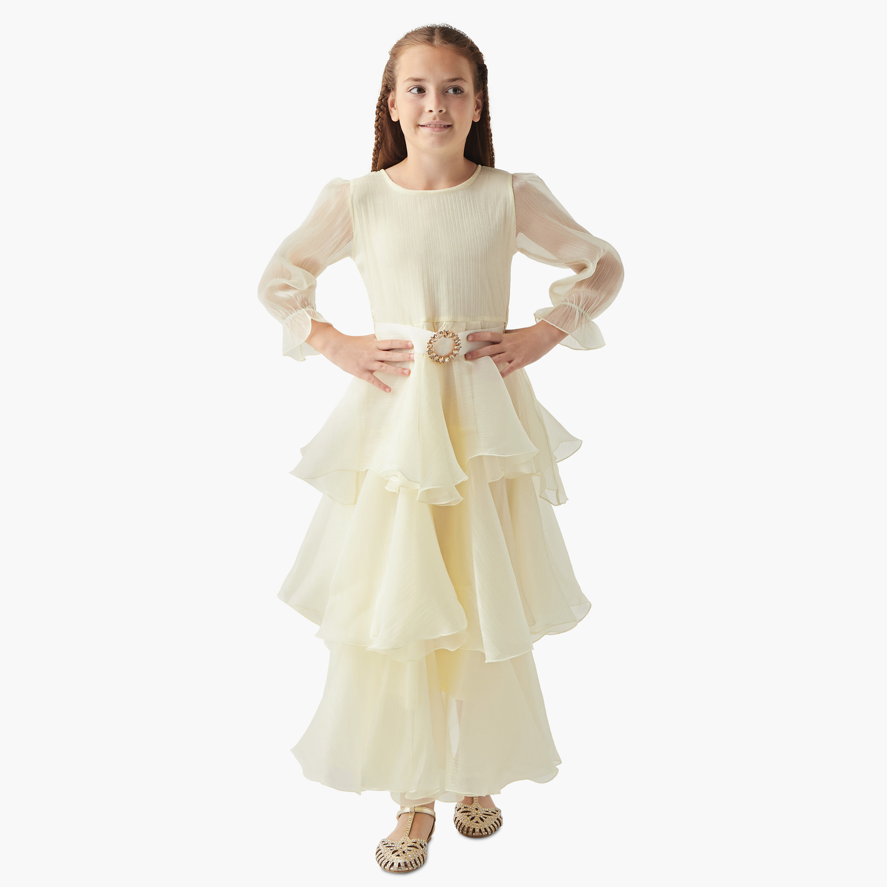 Little Golden Apple Solid Tiered Maxi Dress with Long Puff Sleeves and Tie-Up Belt-girls-clothing-dressesandjumpsuits-image-1
