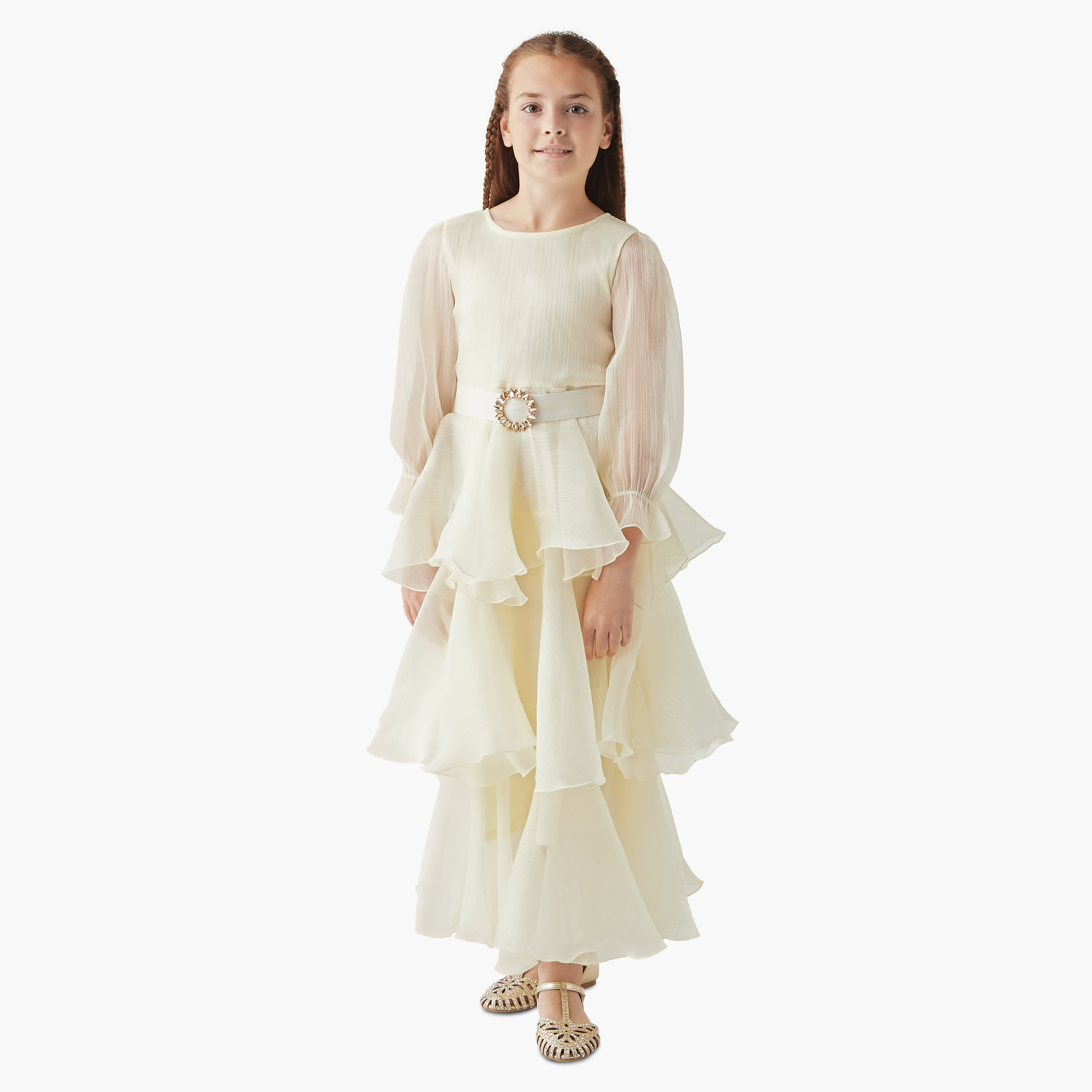 Little Golden Apple Solid Tiered Maxi Dress with Long Puff Sleeves and Tie-Up Belt-girls-clothing-dressesandjumpsuits-image-2