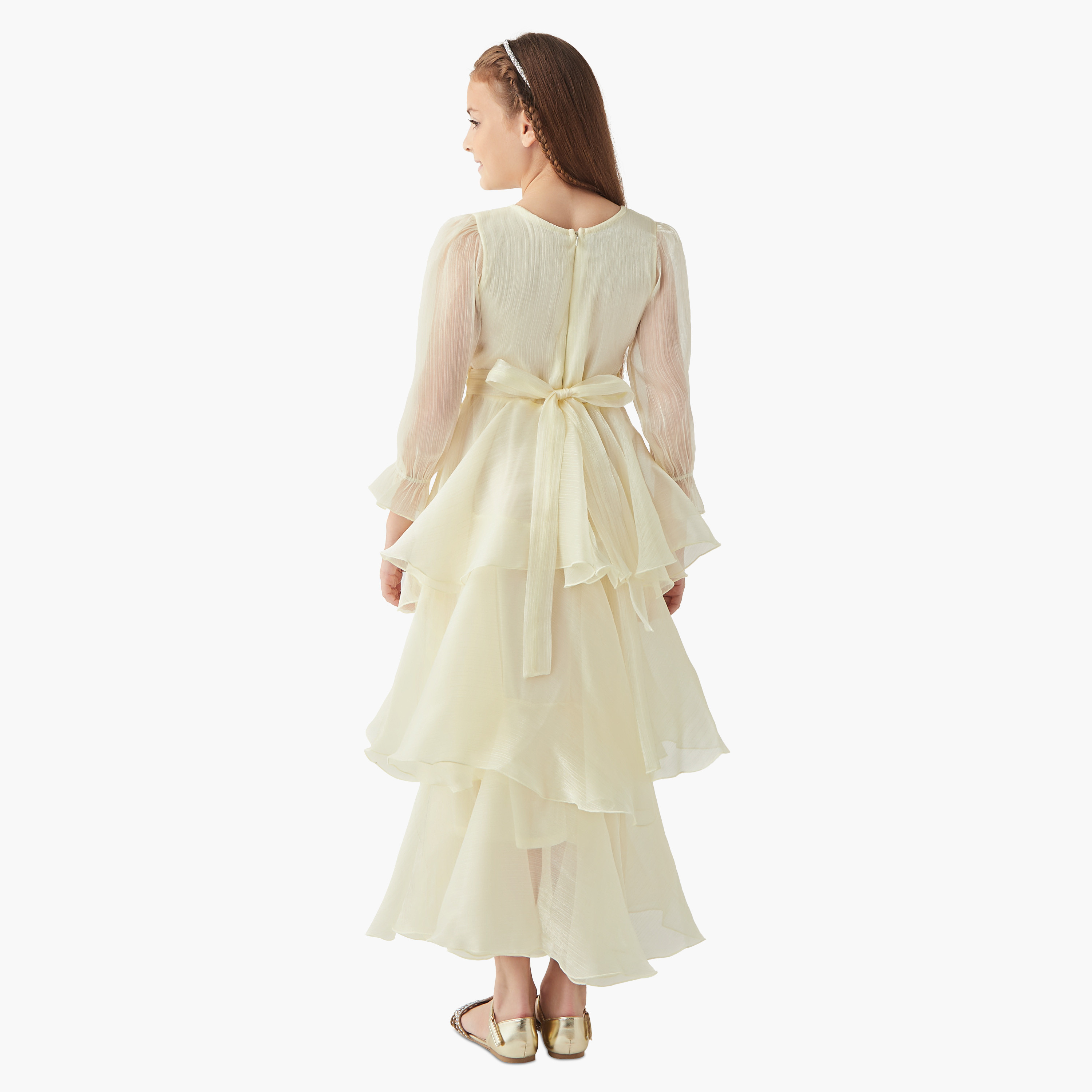 Little Golden Apple Solid Tiered Maxi Dress with Long Puff Sleeves and Tie-Up Belt-girls-clothing-dressesandjumpsuits-image-4