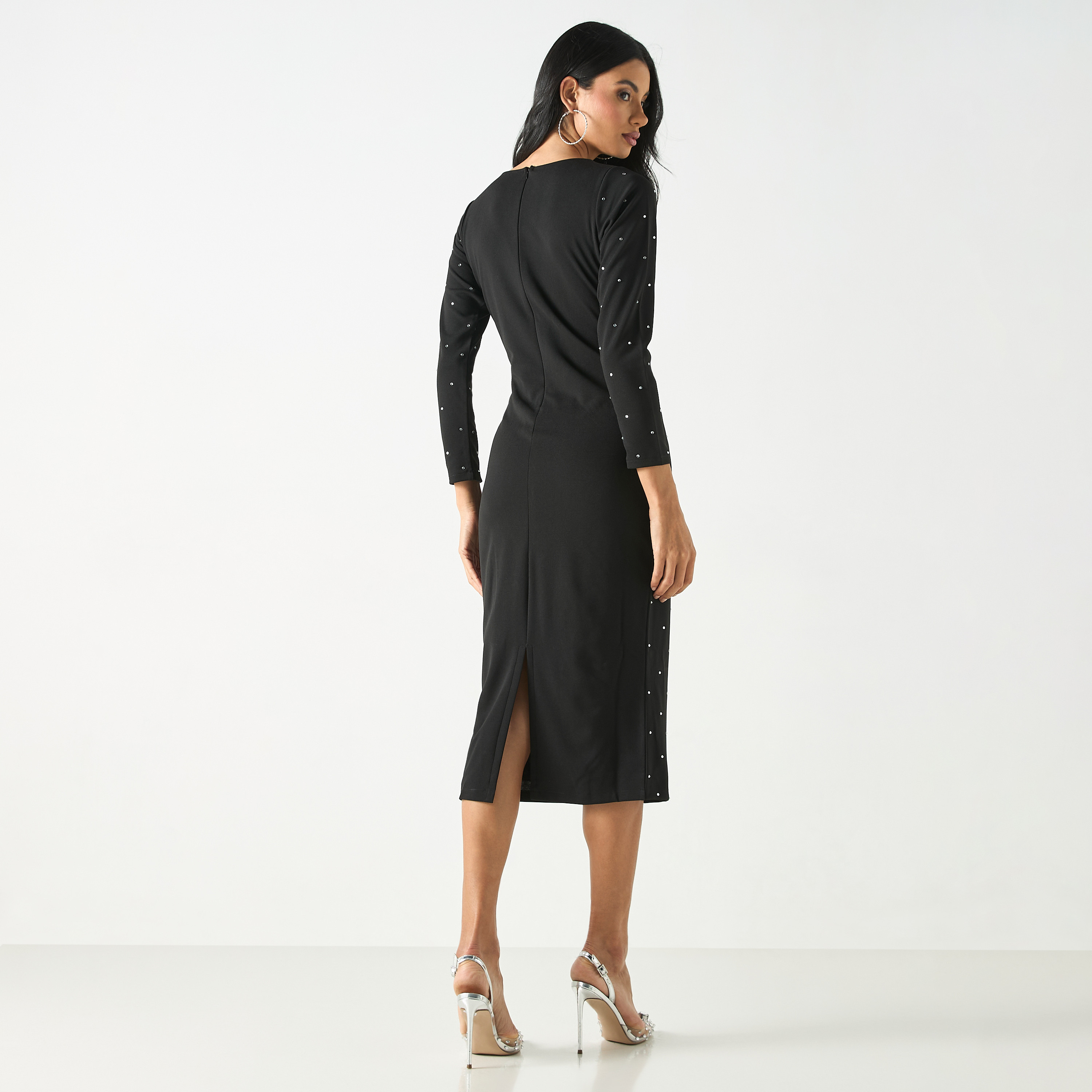 Golden Apple Embellished Zipper Closure Midi Sheath Dress with Slit Detail-women-clothing-dresses-image-3