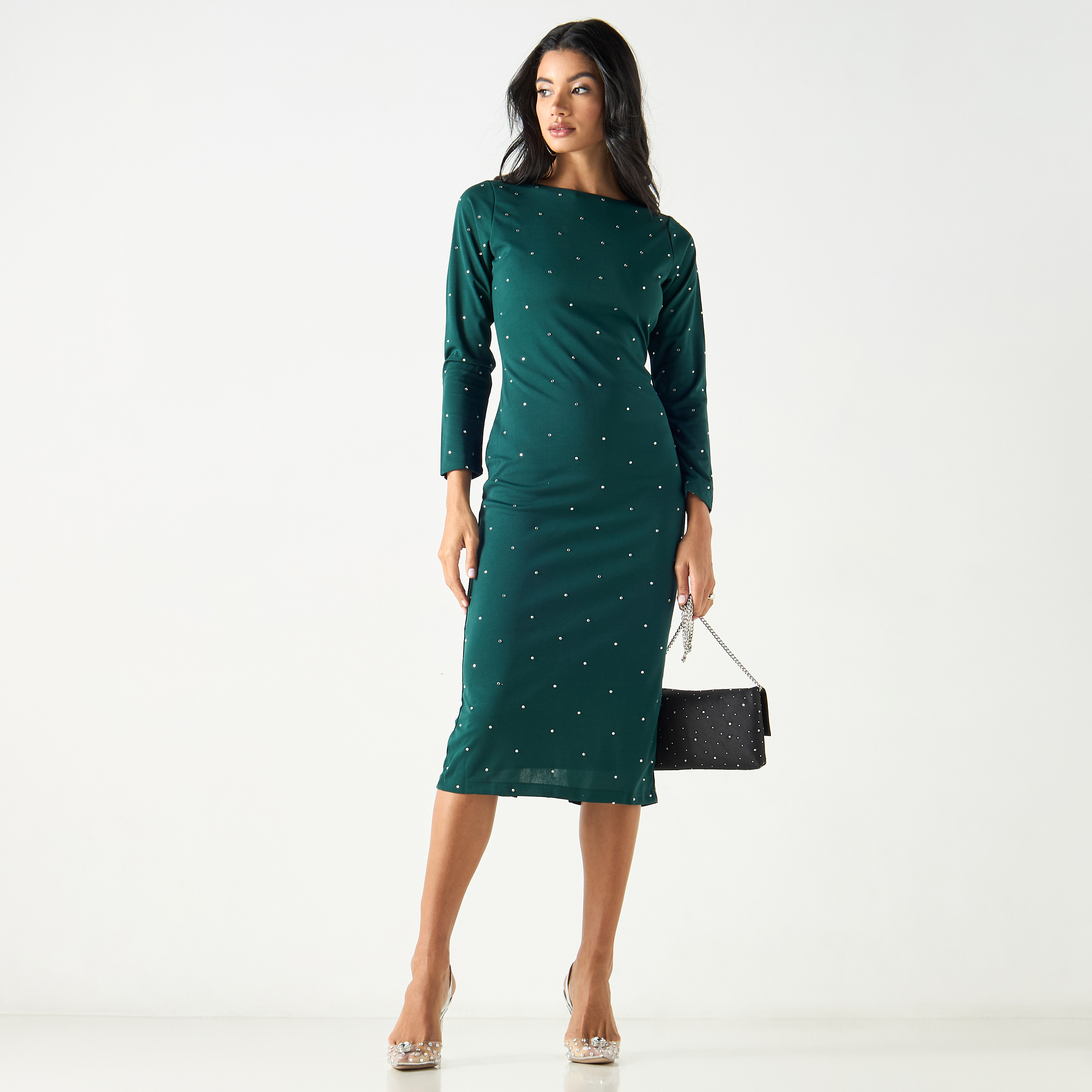 Golden Apple Embellished Zipper Closure Midi Sheath Dress with Slit Detail-women-clothing-dresses-image-1