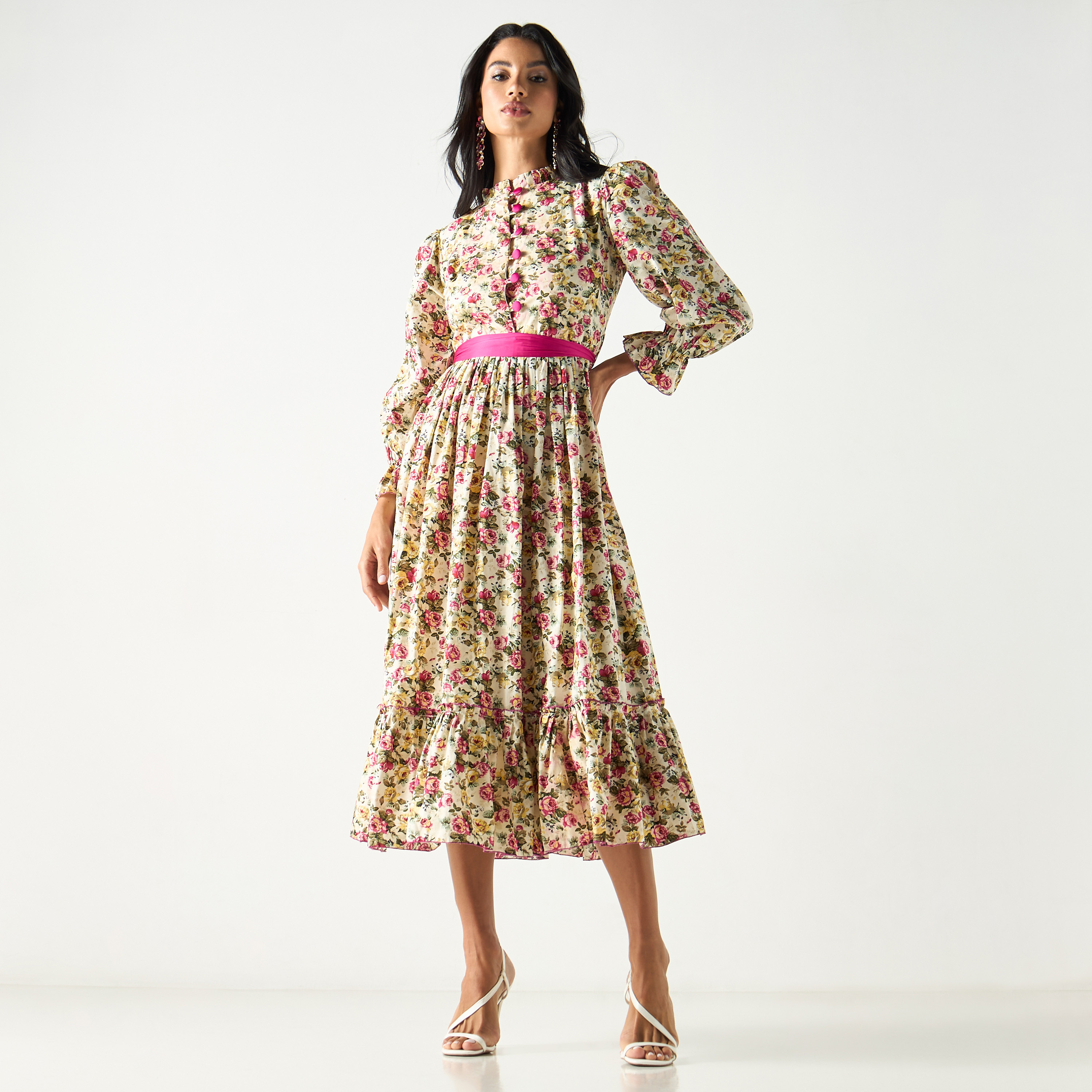 فستان قميص ميدي بطبعات أزهار وأكمام منفوخة وحزام ربط-women-clothing-dresses-image-5
