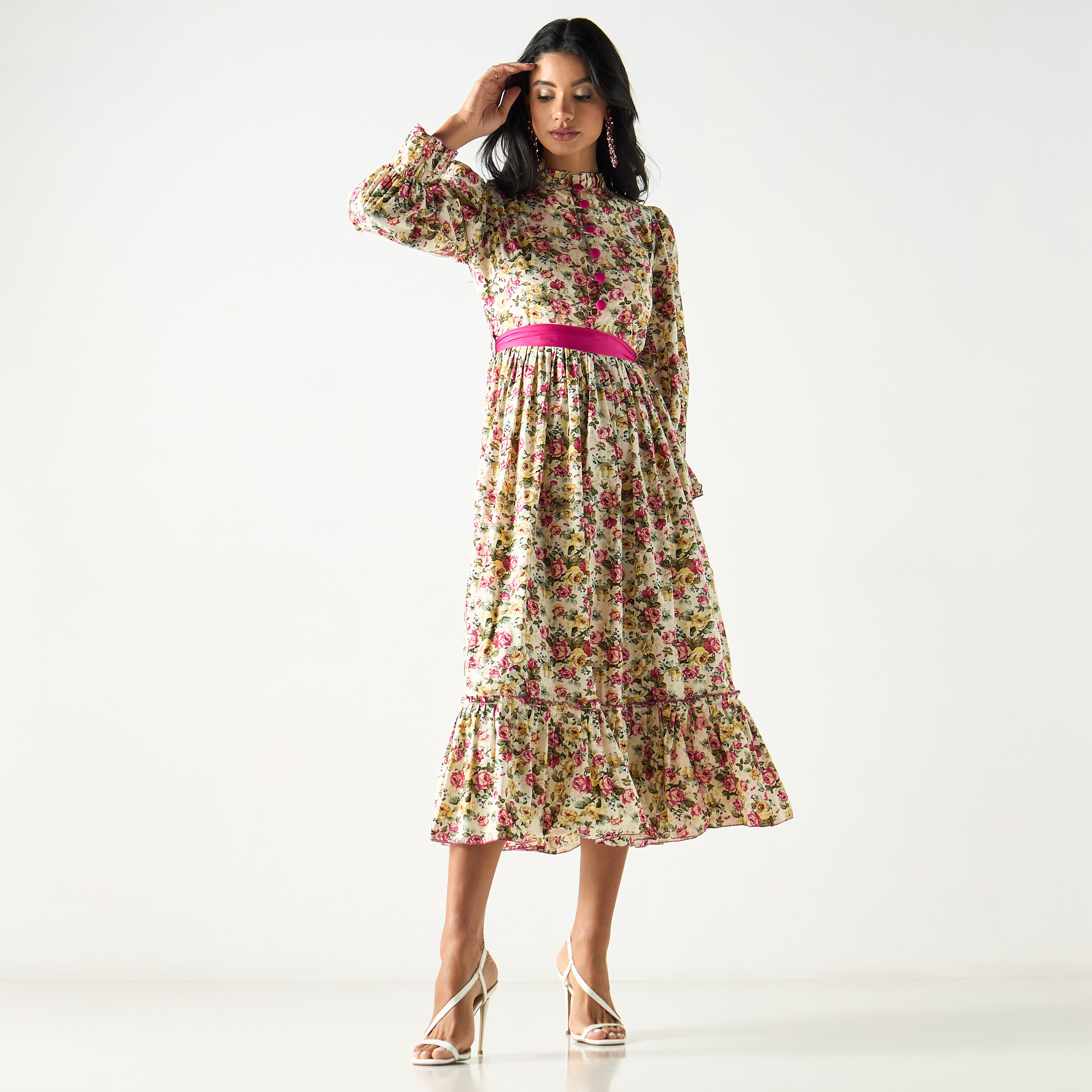 فستان قميص ميدي بطبعات أزهار وأكمام منفوخة وحزام ربط-women-clothing-dresses-image-6