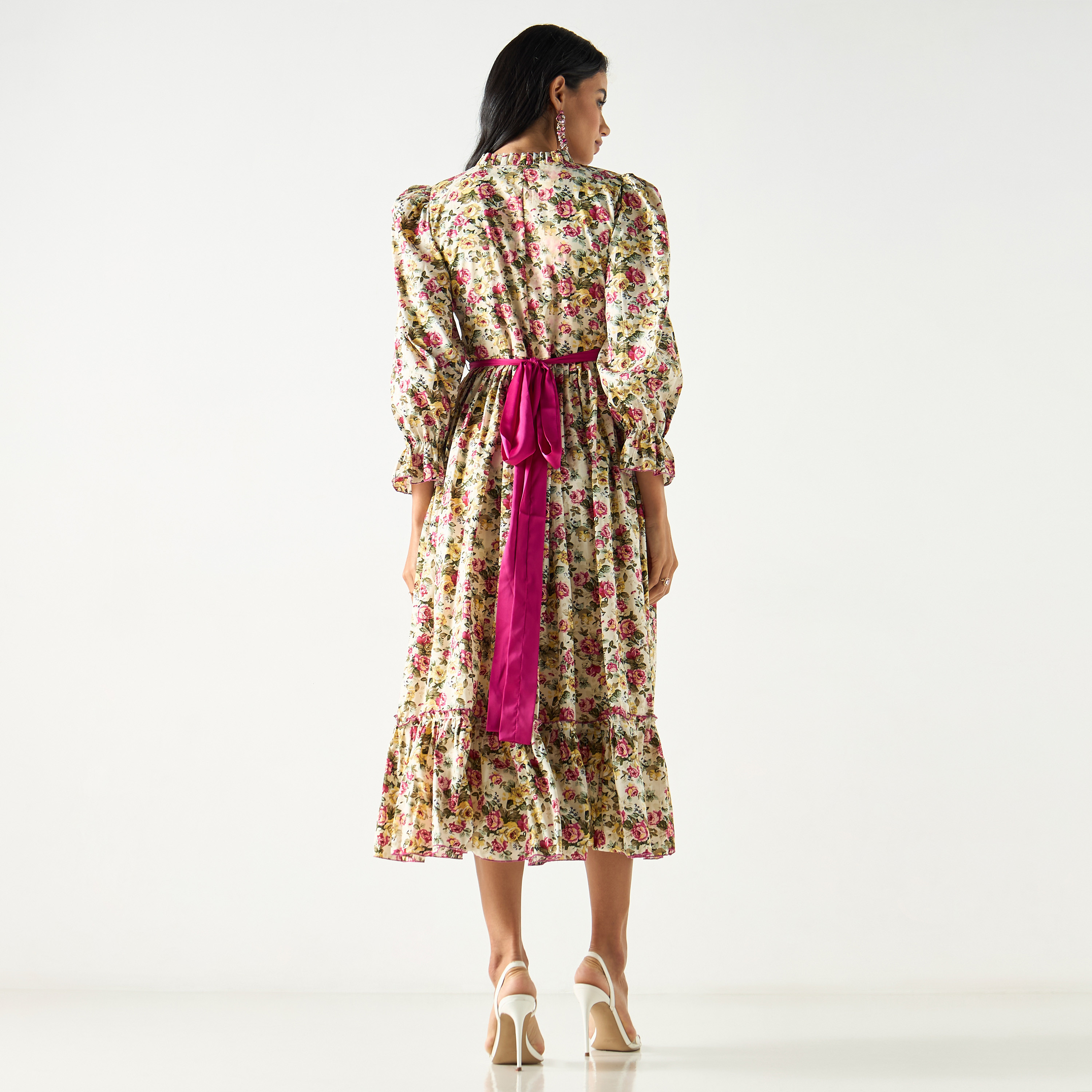 فستان قميص ميدي بطبعات أزهار وأكمام منفوخة وحزام ربط-women-clothing-dresses-image-7