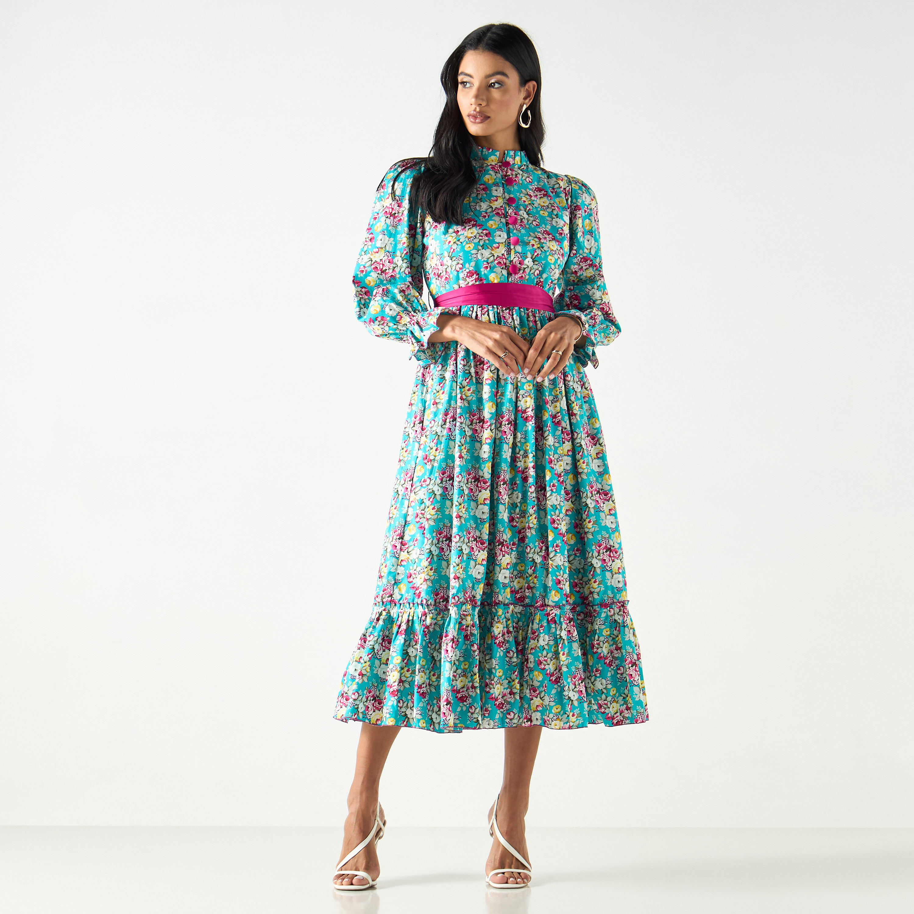 فستان قميص ميدي بطبعات أزهار وأكمام منفوخة وحزام ربط-women-clothing-dresses-image-1