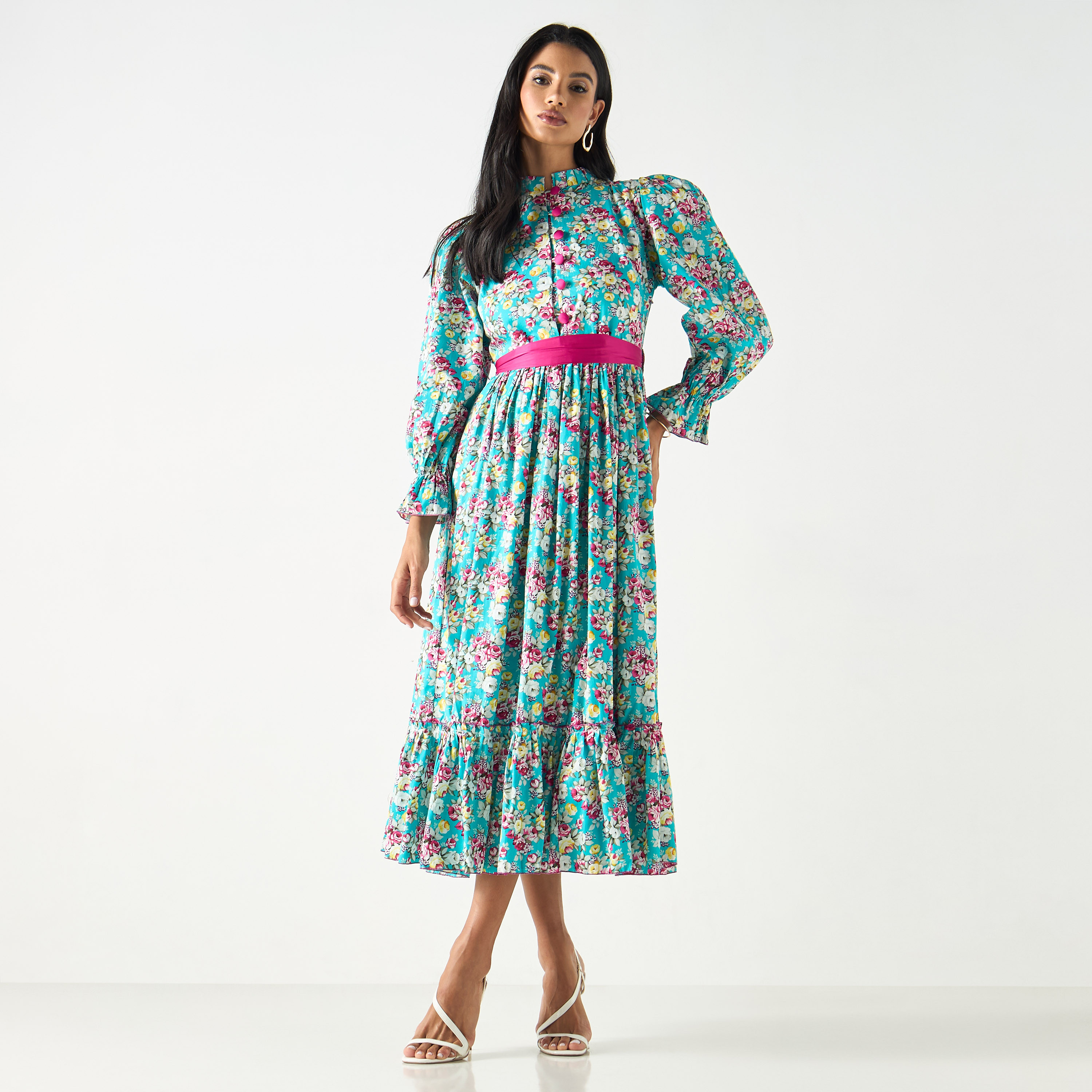 فستان قميص ميدي بطبعات أزهار وأكمام منفوخة وحزام ربط-women-clothing-dresses-image-2