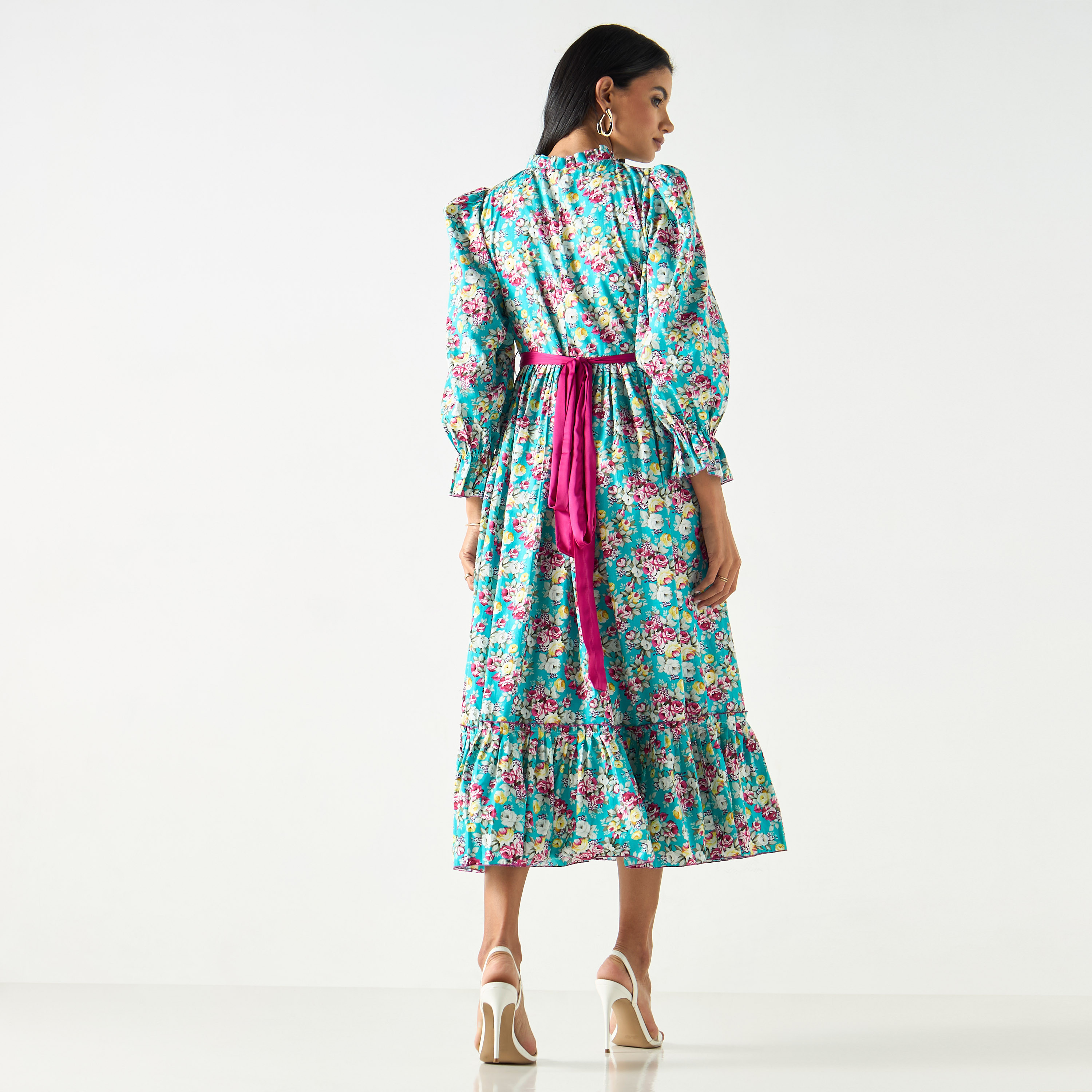 فستان قميص ميدي بطبعات أزهار وأكمام منفوخة وحزام ربط-women-clothing-dresses-image-3