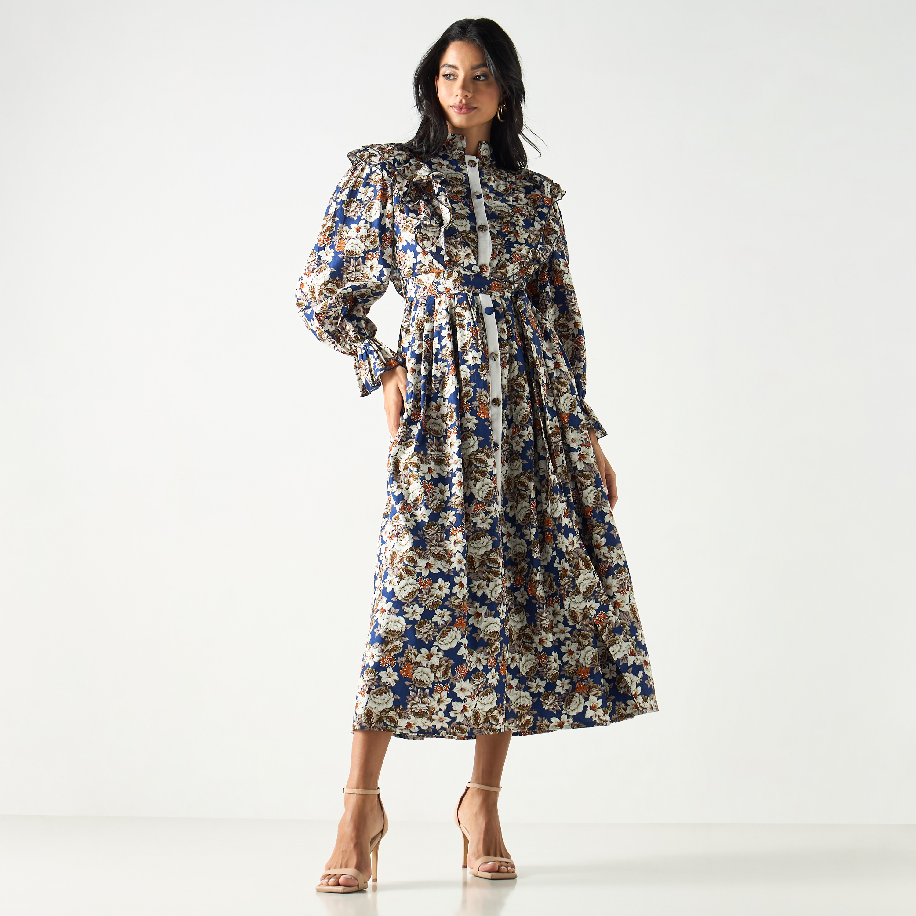 All-Over Floral Print Dress with Tie-Up Belt and Volume Sleeves-women-clothing-dresses-image-1