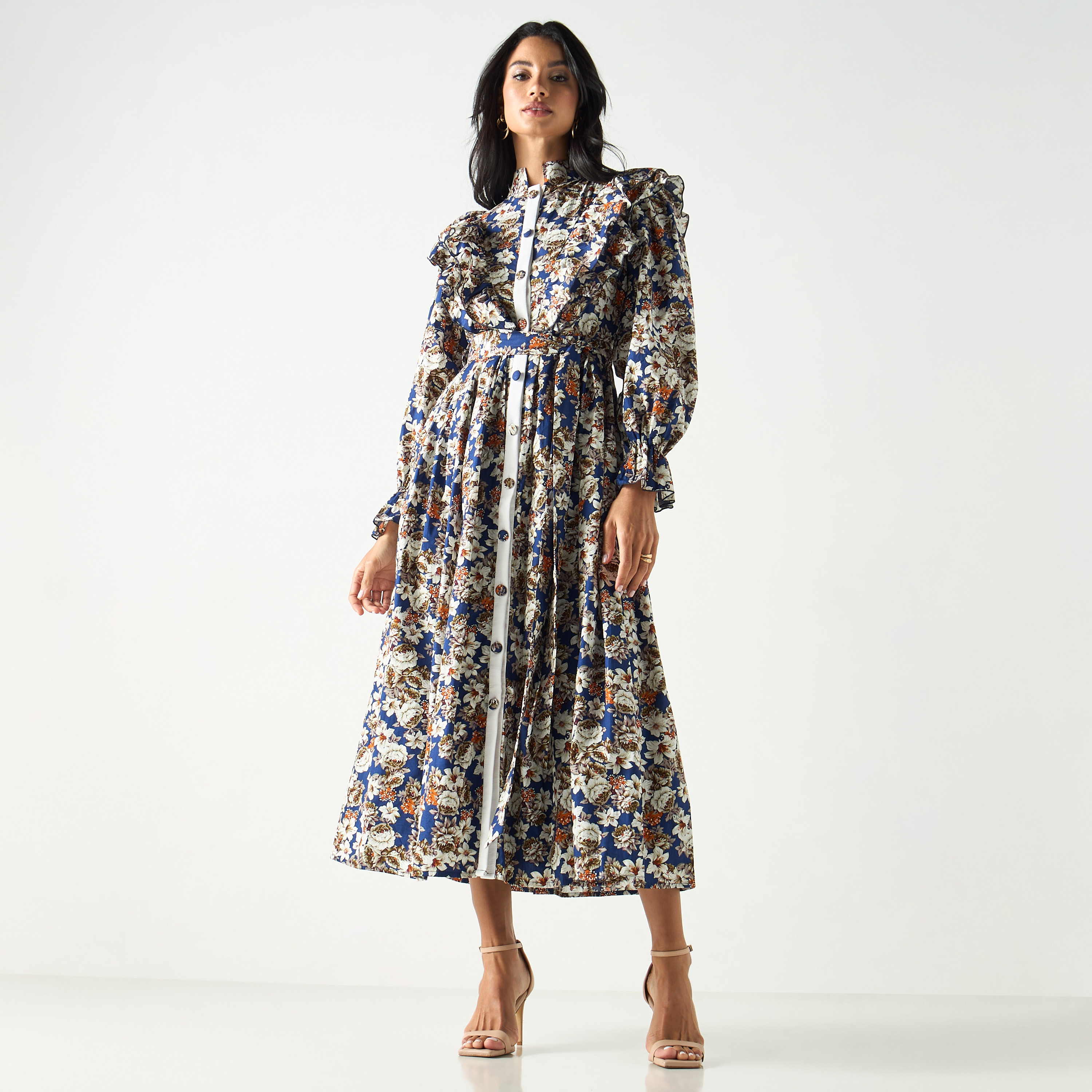 All-Over Floral Print Dress with Tie-Up Belt and Volume Sleeves-women-clothing-dresses-image-2