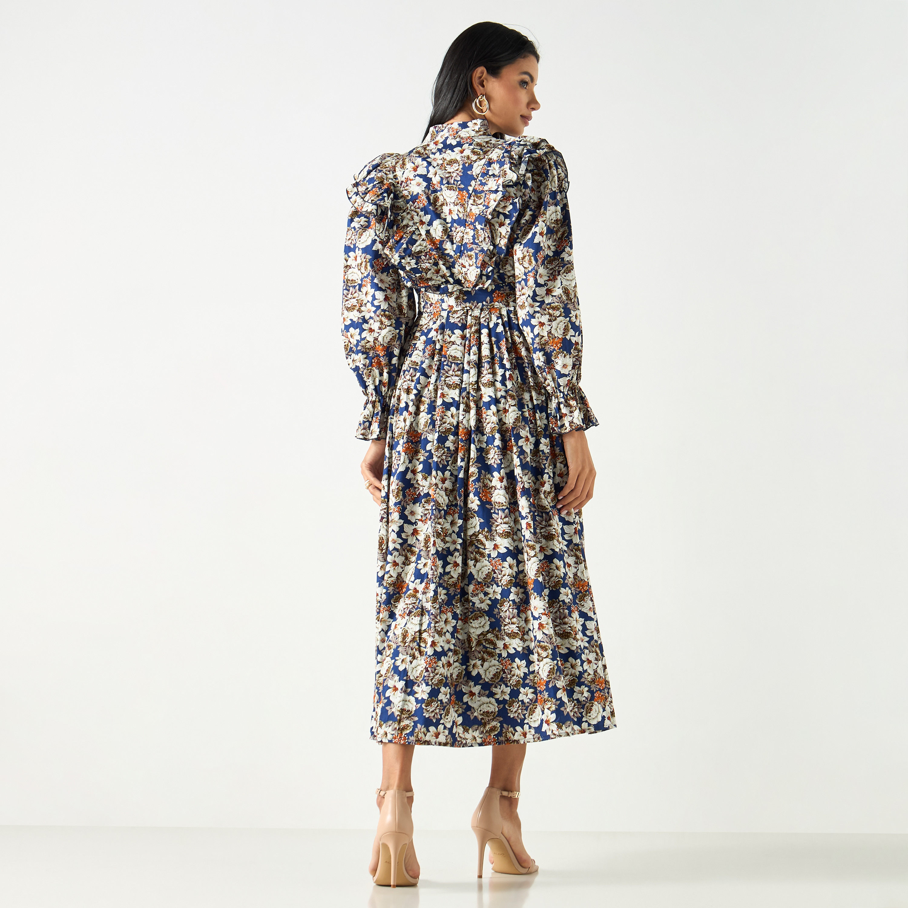 All-Over Floral Print Dress with Tie-Up Belt and Volume Sleeves-women-clothing-dresses-image-3