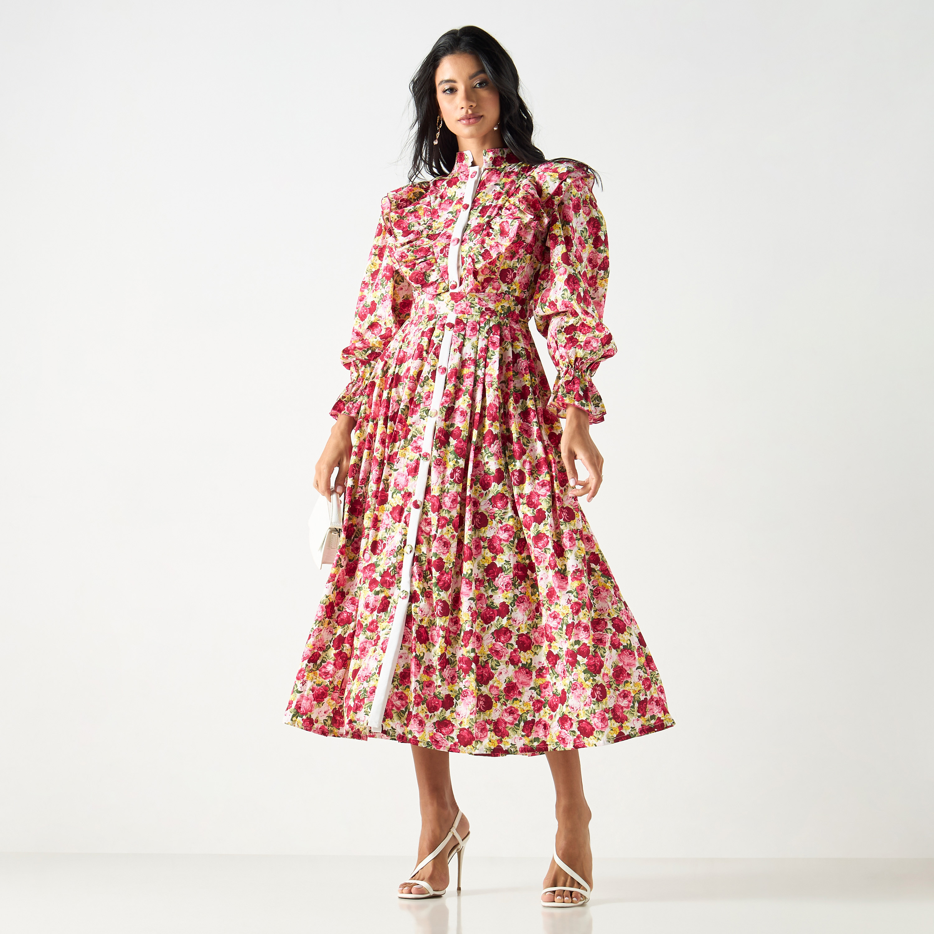 All-Over Floral Print Dress with Tie-Up Belt and Volume Sleeves-women-clothing-dresses-image-5