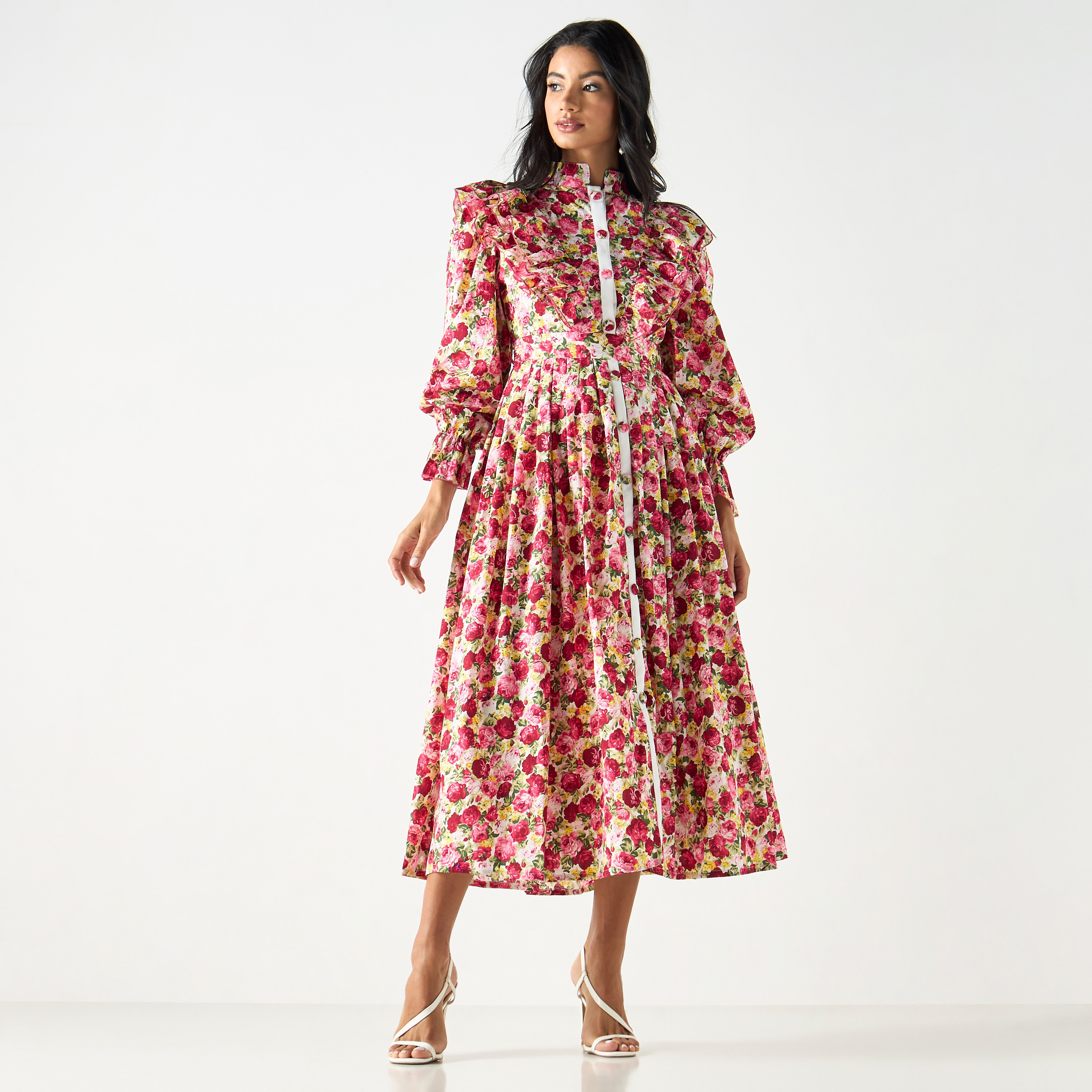 All-Over Floral Print Dress with Tie-Up Belt and Volume Sleeves-women-clothing-dresses-image-6
