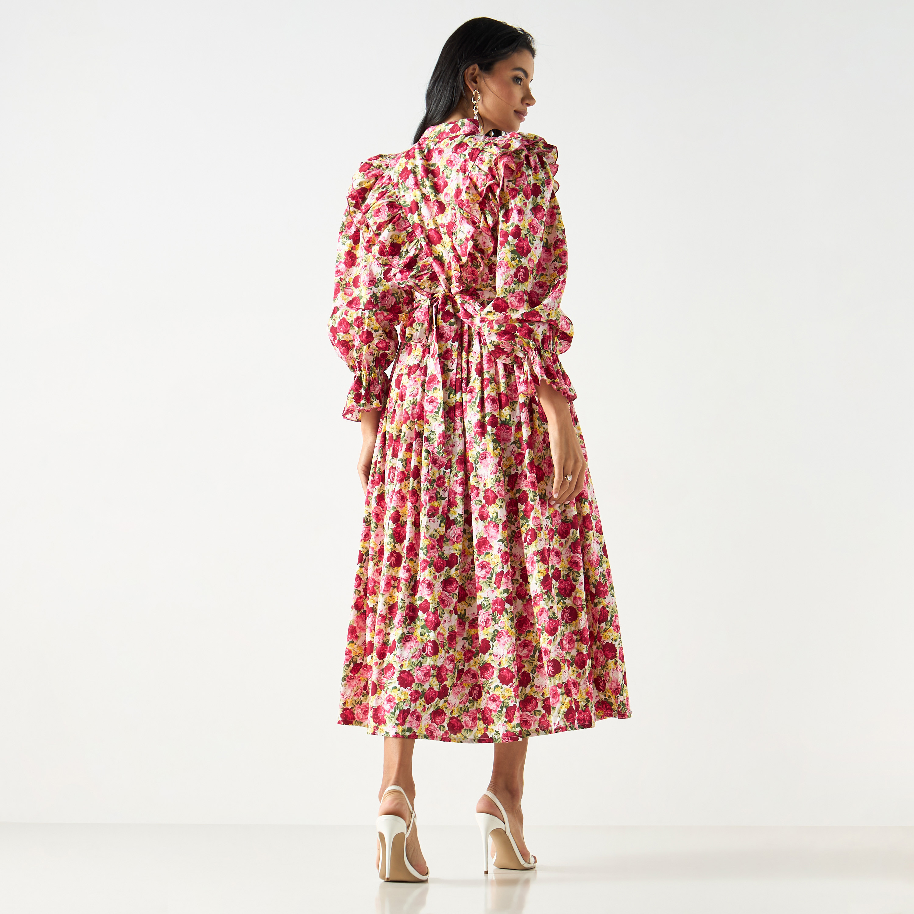 All-Over Floral Print Dress with Tie-Up Belt and Volume Sleeves-women-clothing-dresses-image-7