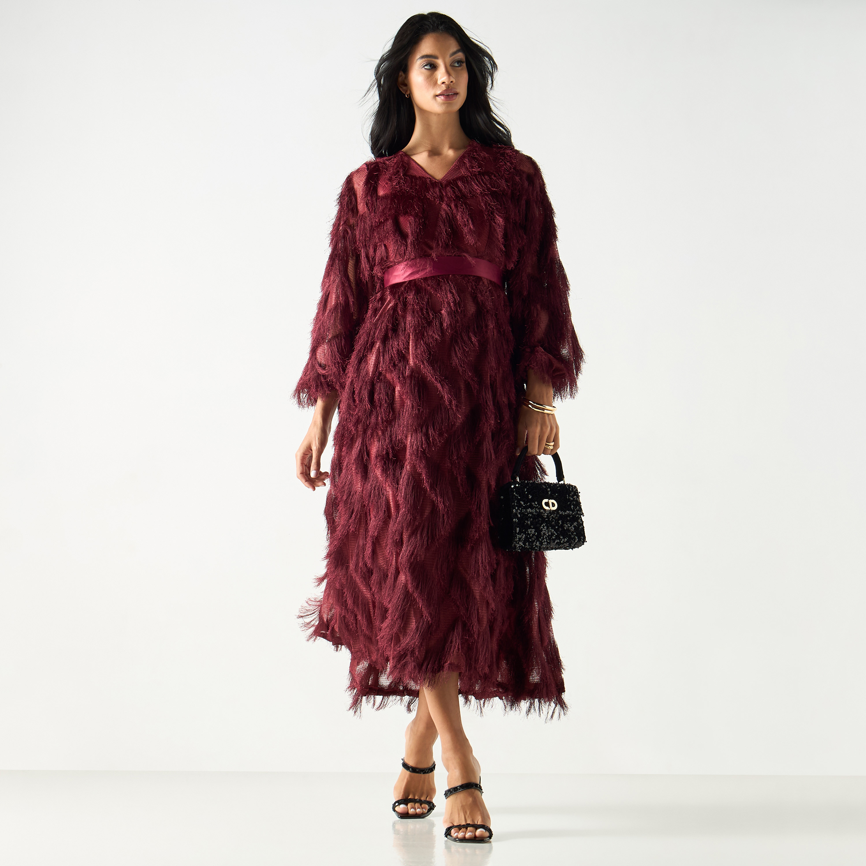 Golden Apple Fur Detailed Midi Dress with Tie-Up Belt-women-clothing-dresses-image-1