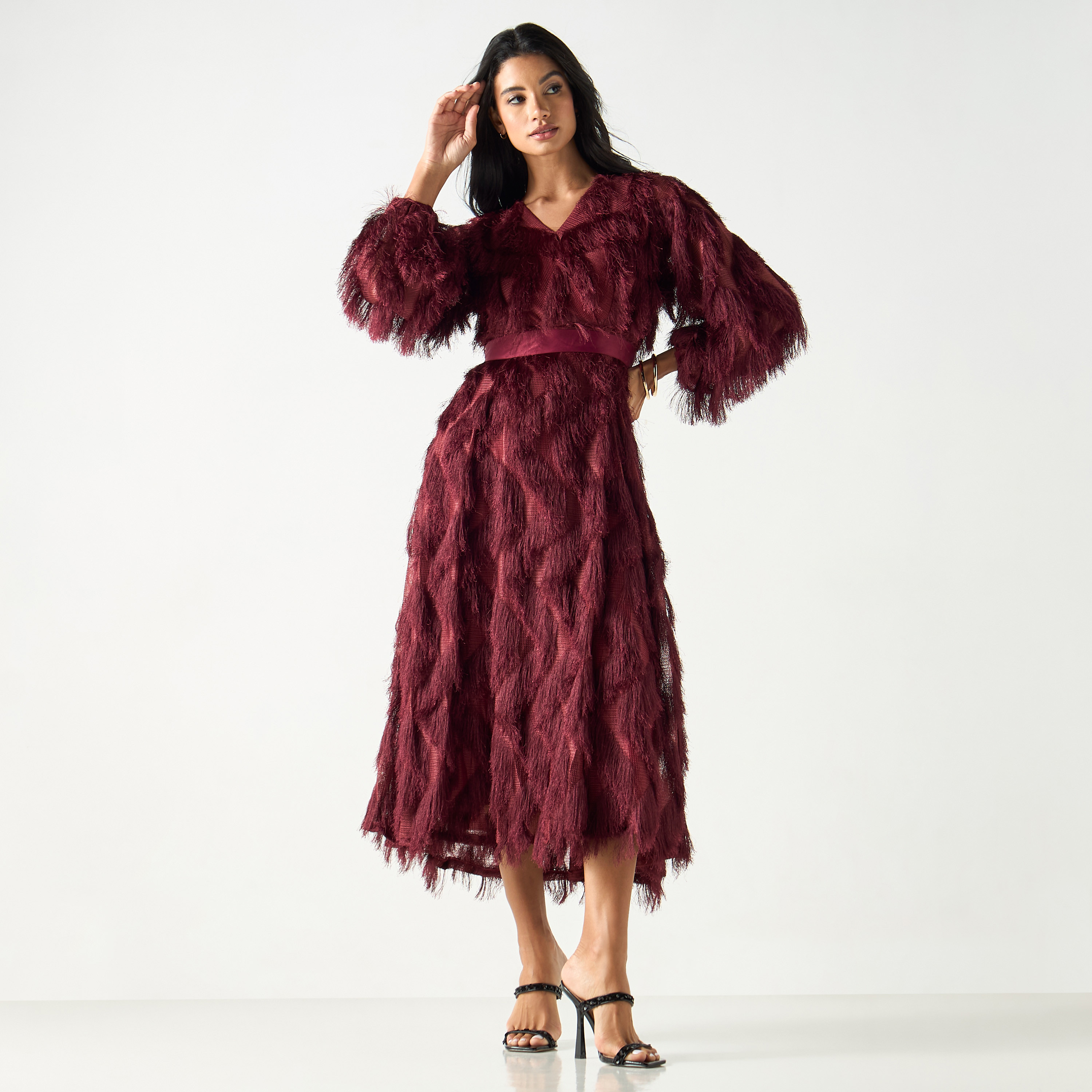 Golden Apple Fur Detailed Midi Dress with Tie-Up Belt-women-clothing-dresses-image-2