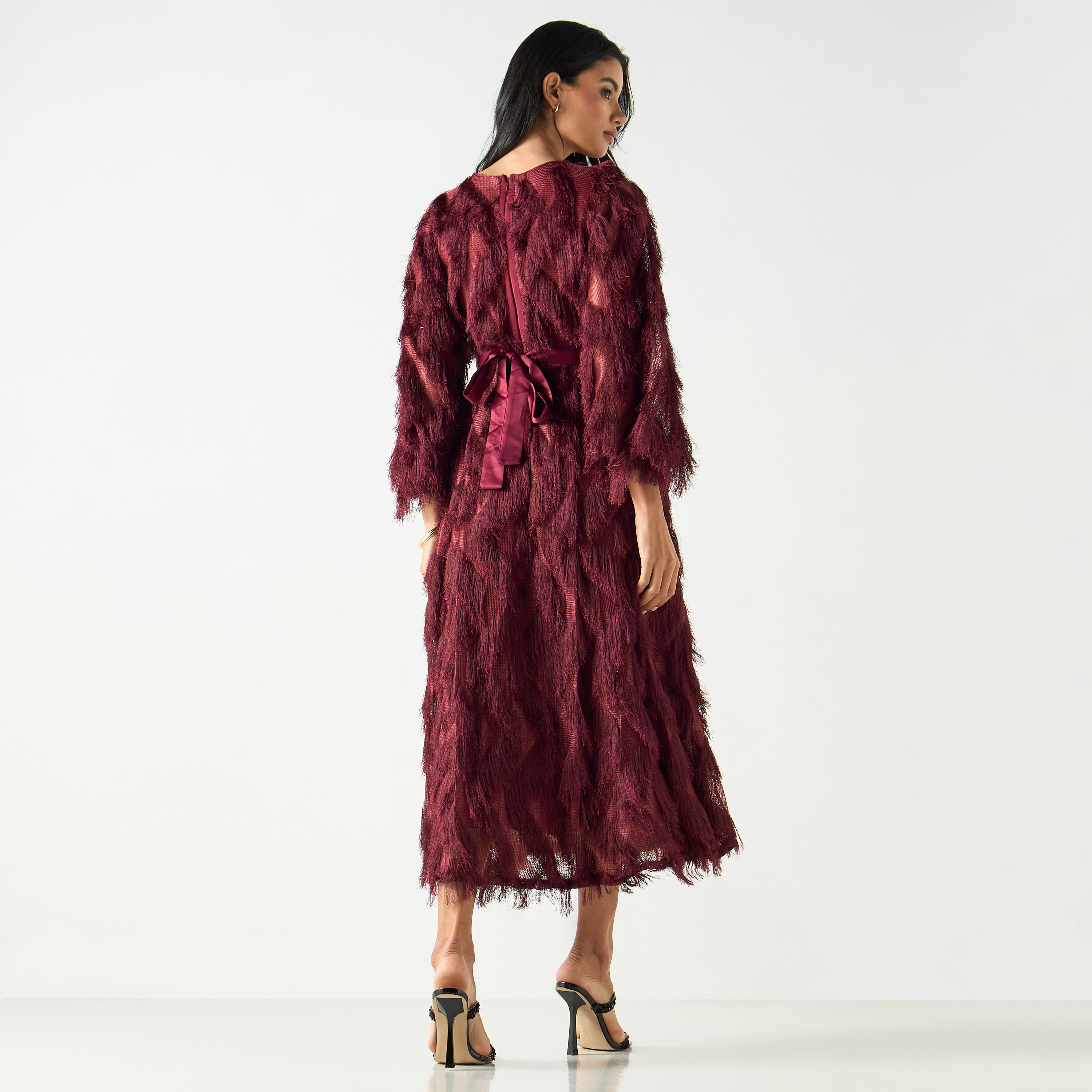 Golden Apple Fur Detailed Midi Dress with Tie-Up Belt-women-clothing-dresses-image-3