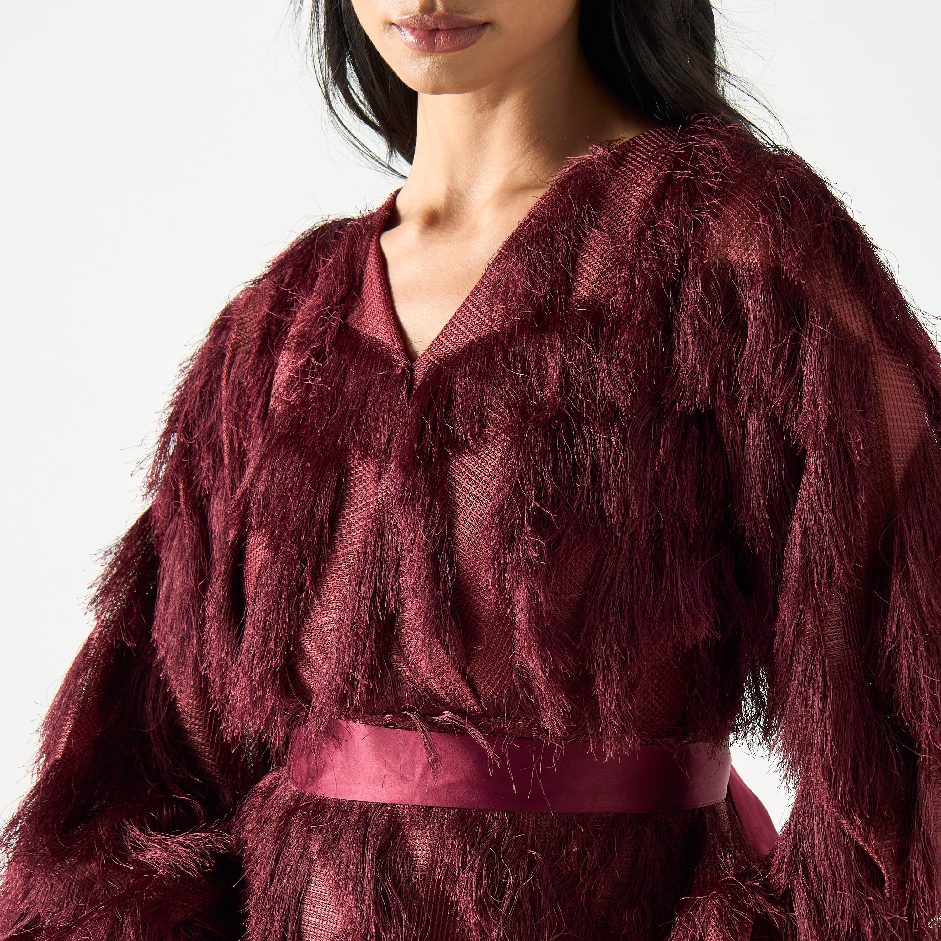 Golden Apple Fur Detailed Midi Dress with Tie-Up Belt-women-clothing-dresses-image-4