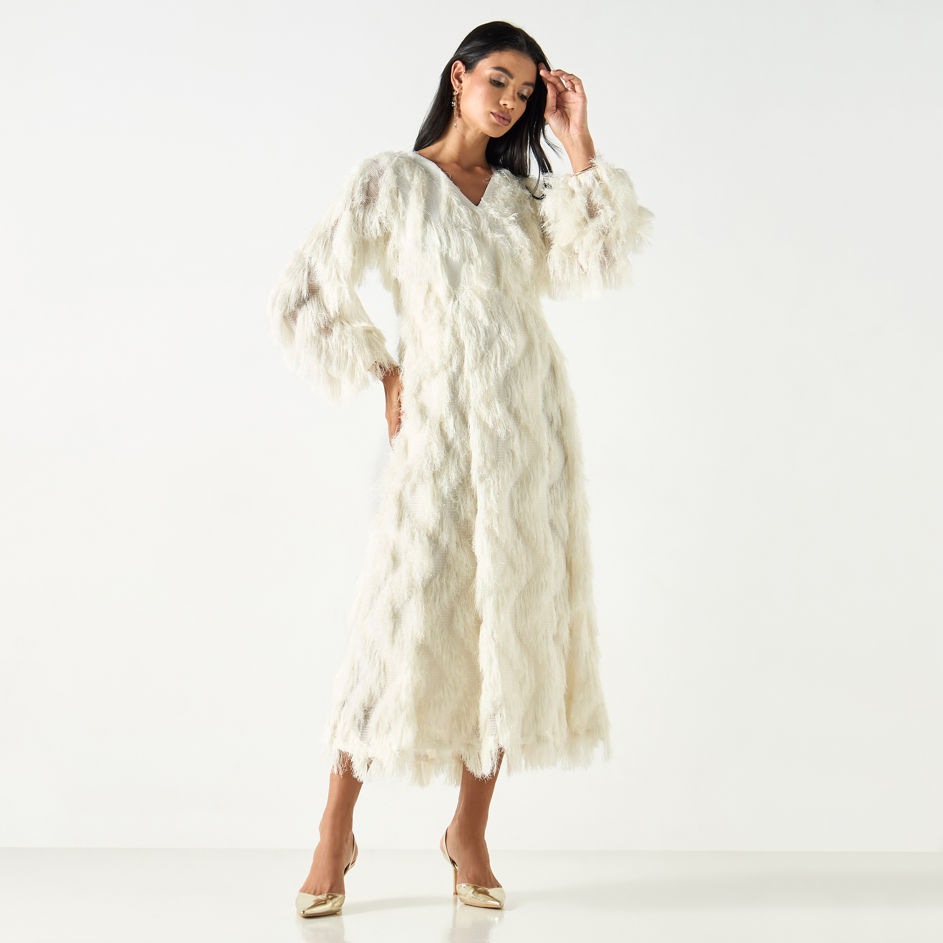 Golden Apple Fur Detailed Midi Dress with Tie-Up Belt-women-clothing-dresses-image-5