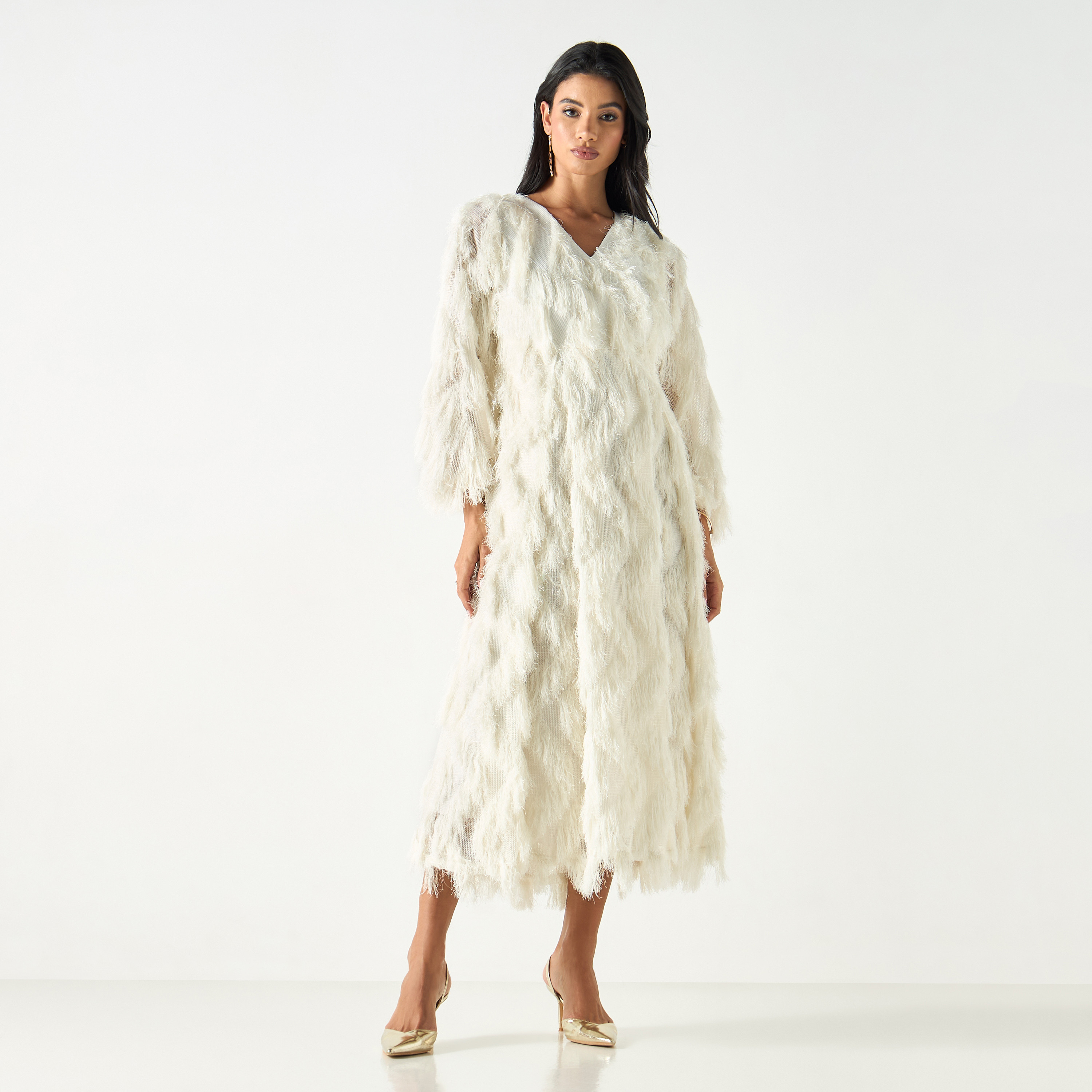 Golden Apple Fur Detailed Midi Dress with Tie-Up Belt-women-clothing-dresses-image-6