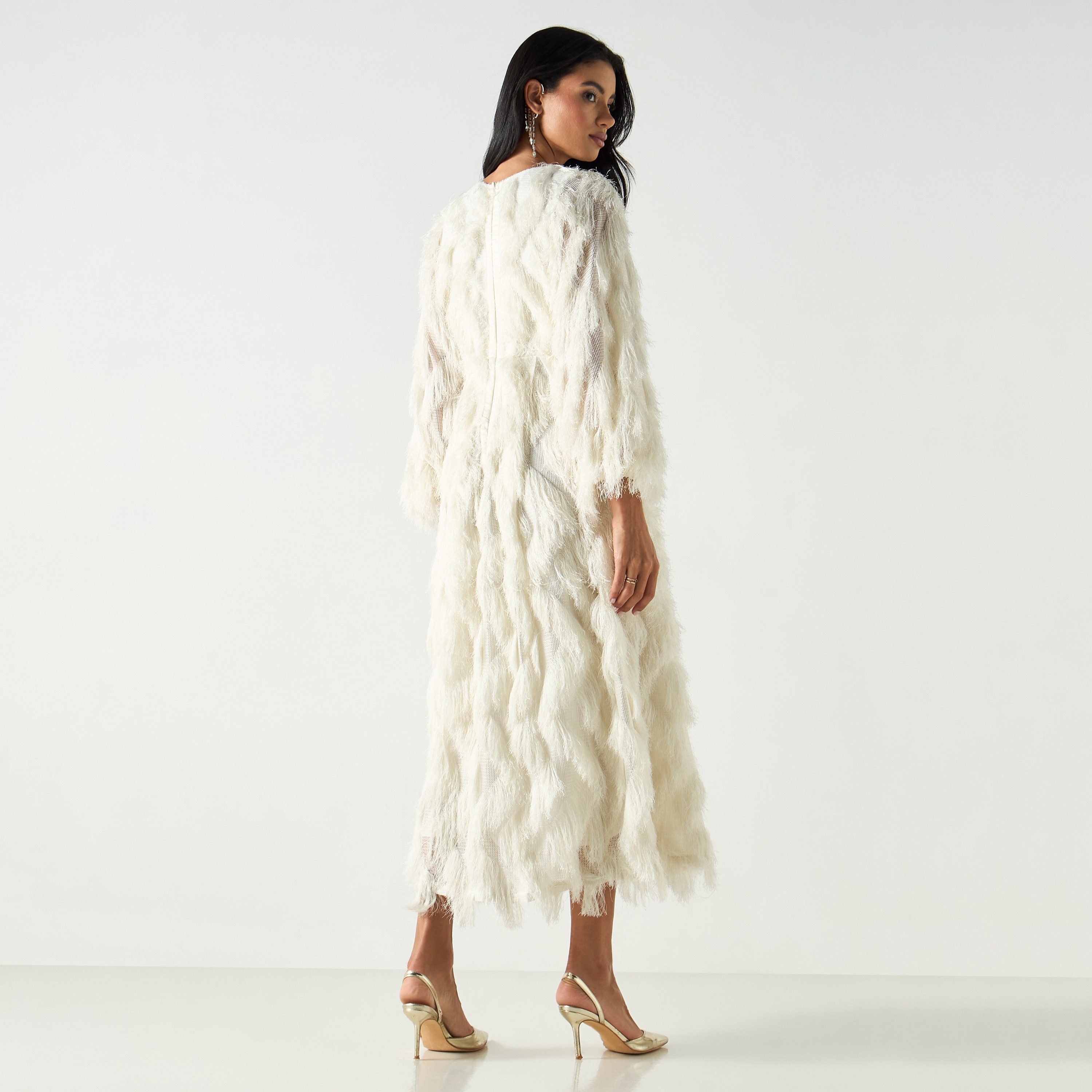 Golden Apple Fur Detailed Midi Dress with Tie-Up Belt-women-clothing-dresses-image-7