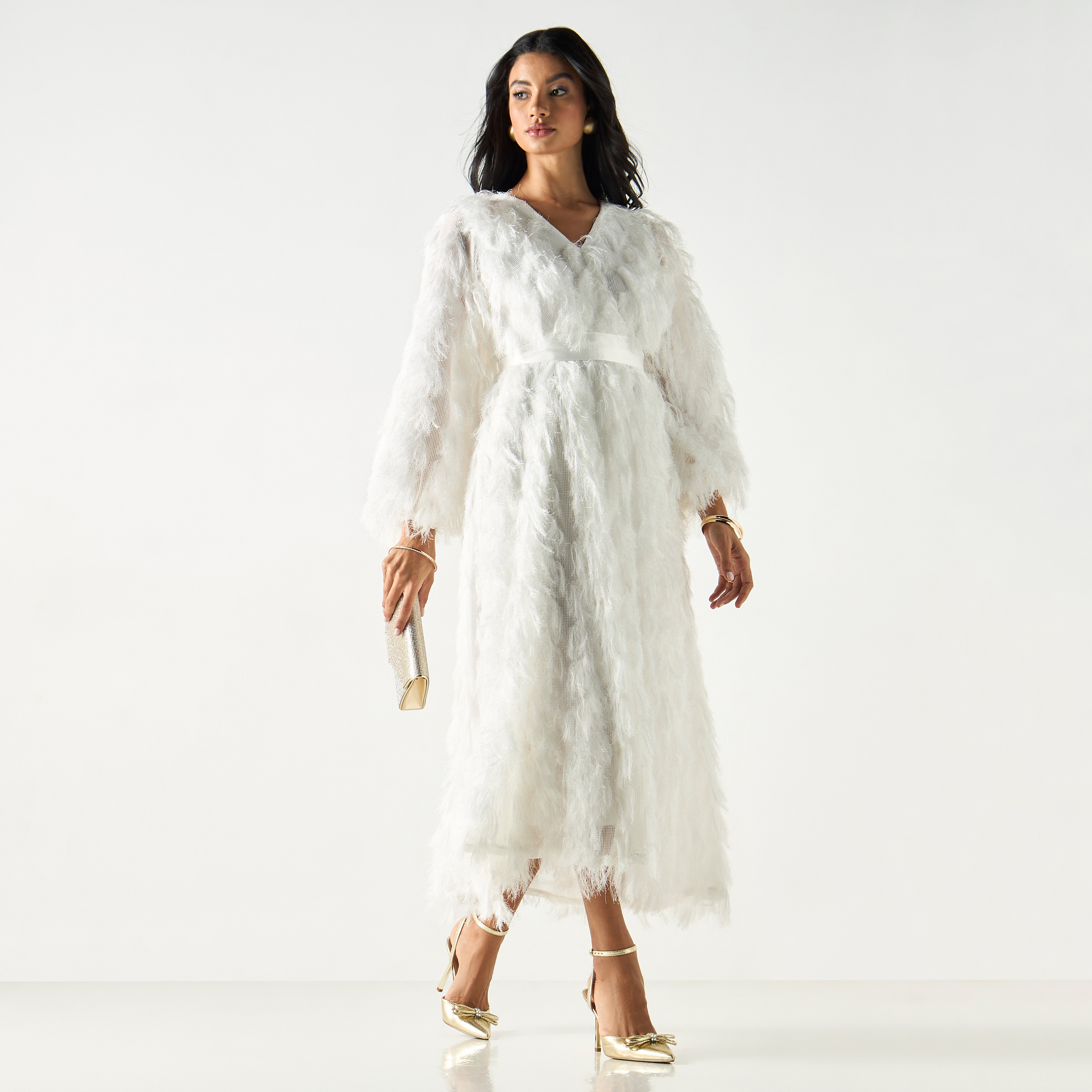 Golden Apple Fur Detailed Midi Dress with Tie-Up Belt-women-clothing-dresses-image-9