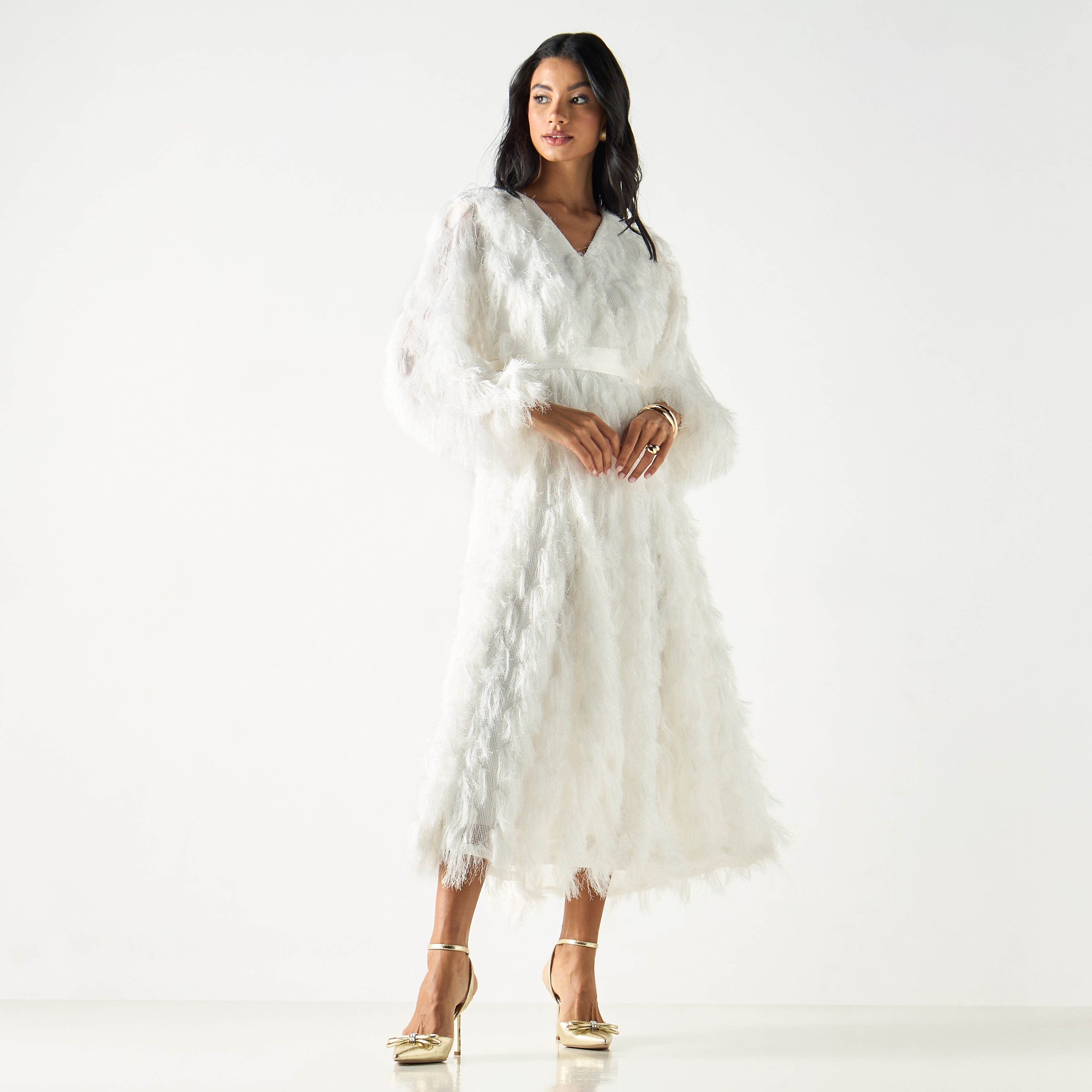Golden Apple Fur Detailed Midi Dress with Tie-Up Belt-women-clothing-dresses-image-10