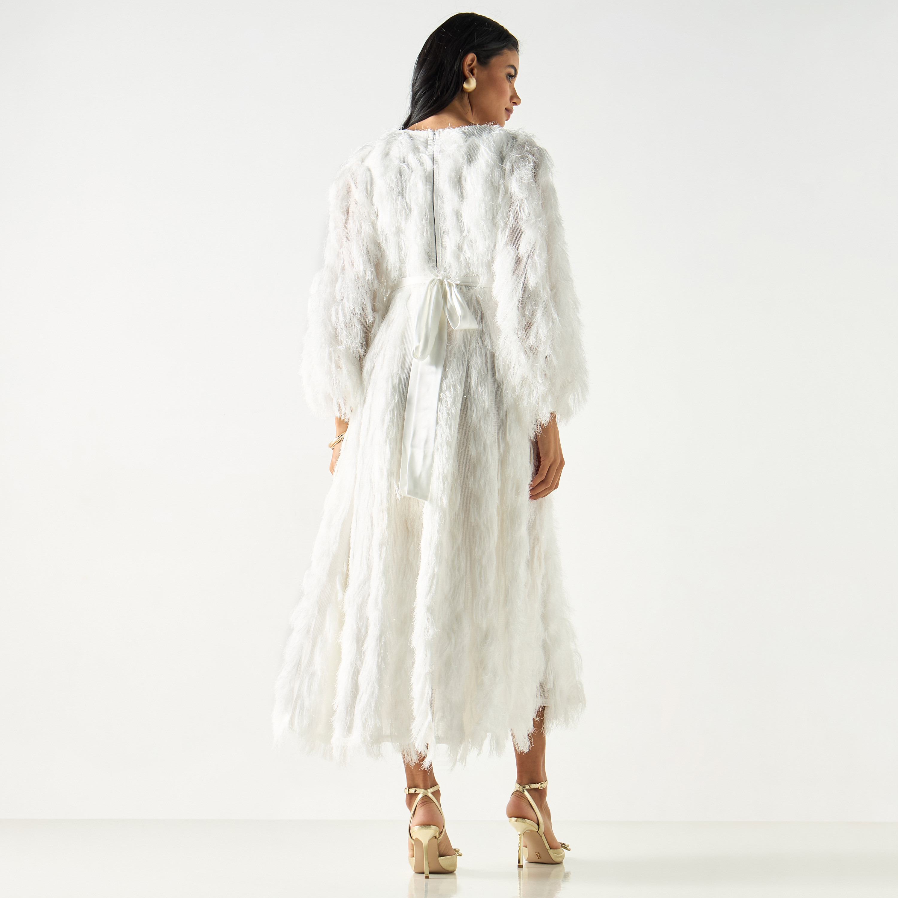Golden Apple Fur Detailed Midi Dress with Tie-Up Belt-women-clothing-dresses-image-11