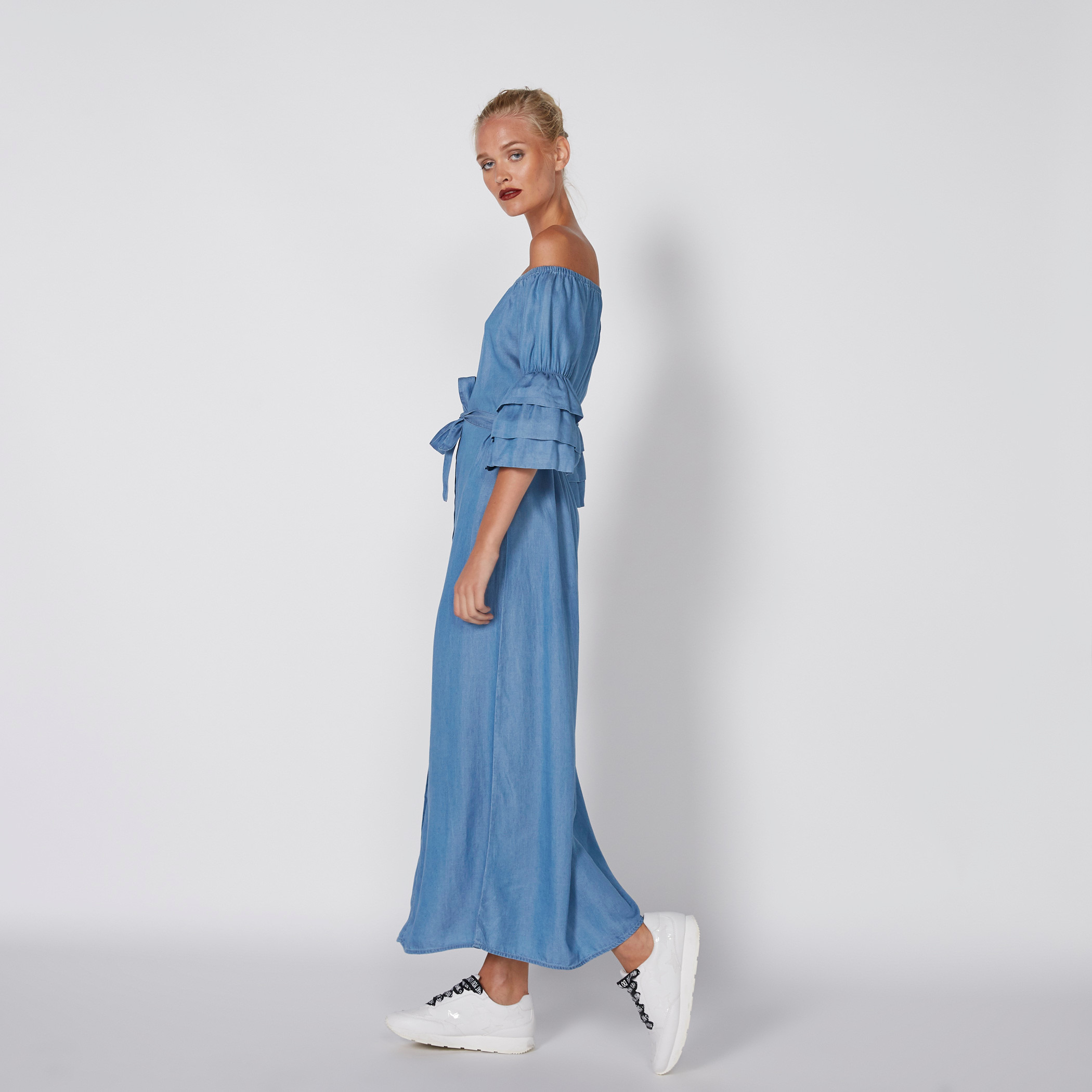 Off the shoulder shop denim maxi dress