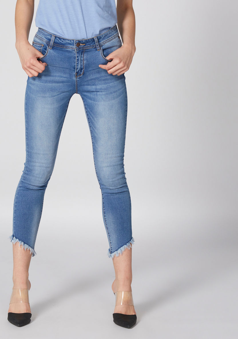 Distressed Cropped Jeans with Button Closure and Pocket Detail-Jeans-image-0