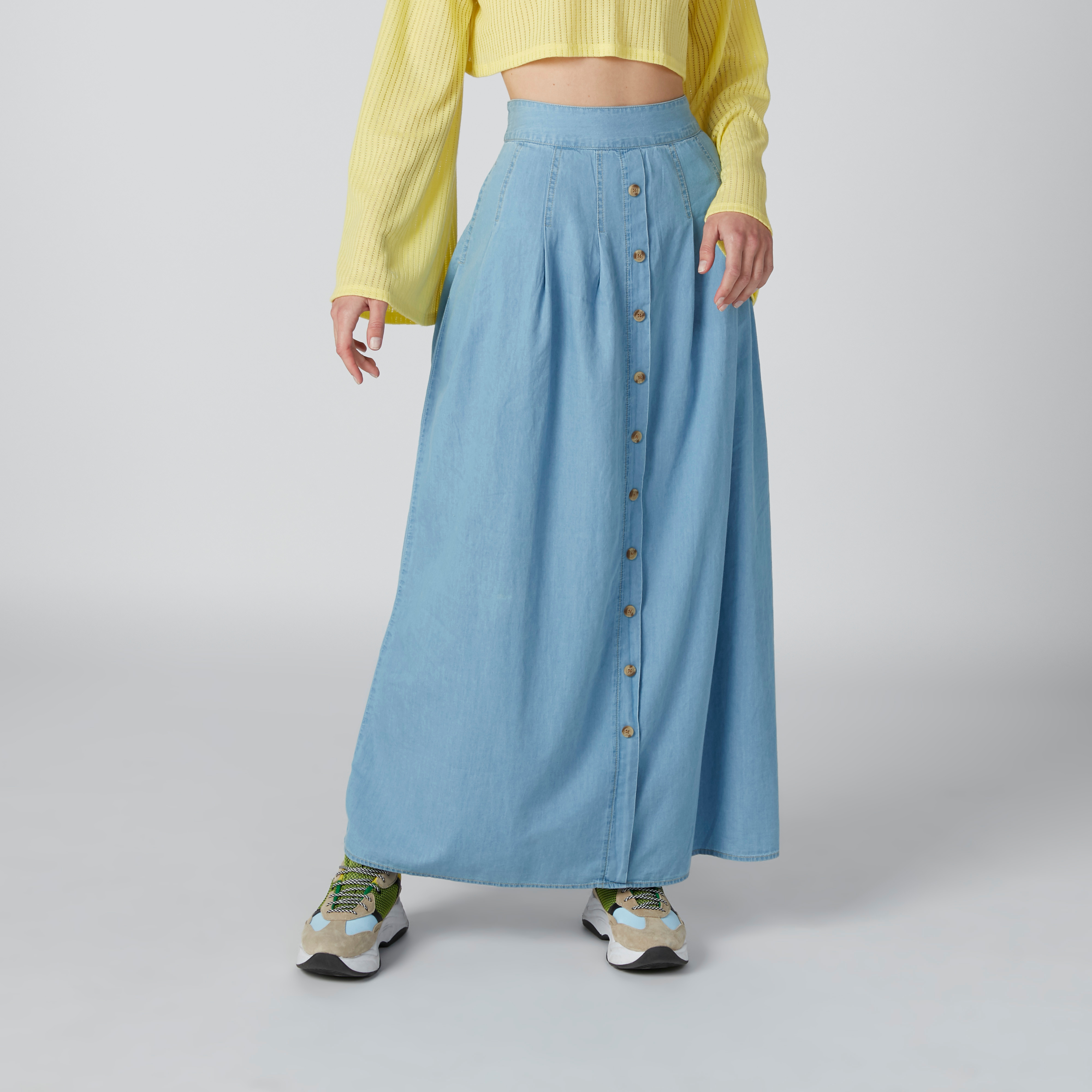 High Waisted Drop Hem Front Slit Maxi Denim Skirt | Express