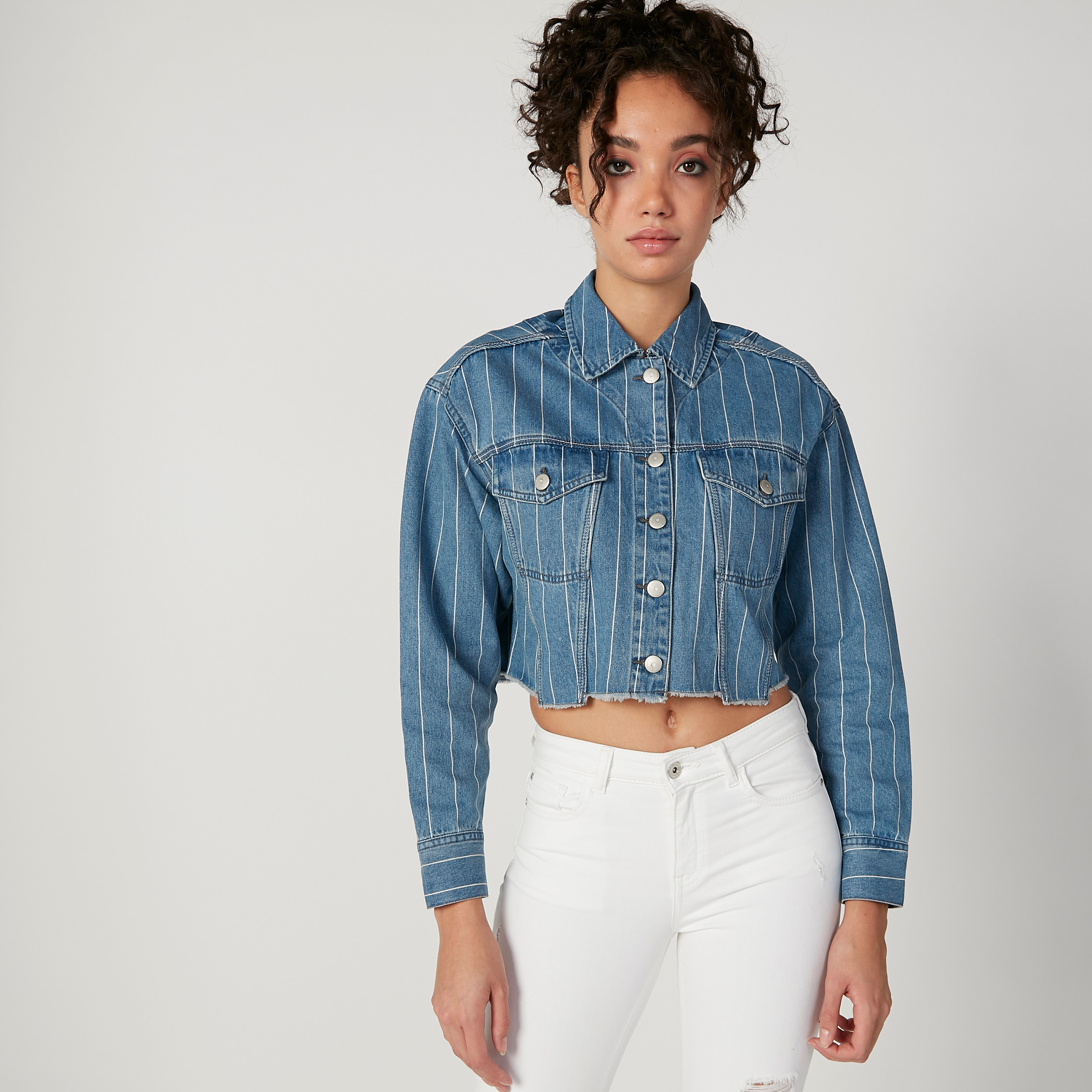 Striped denim jacket store womens