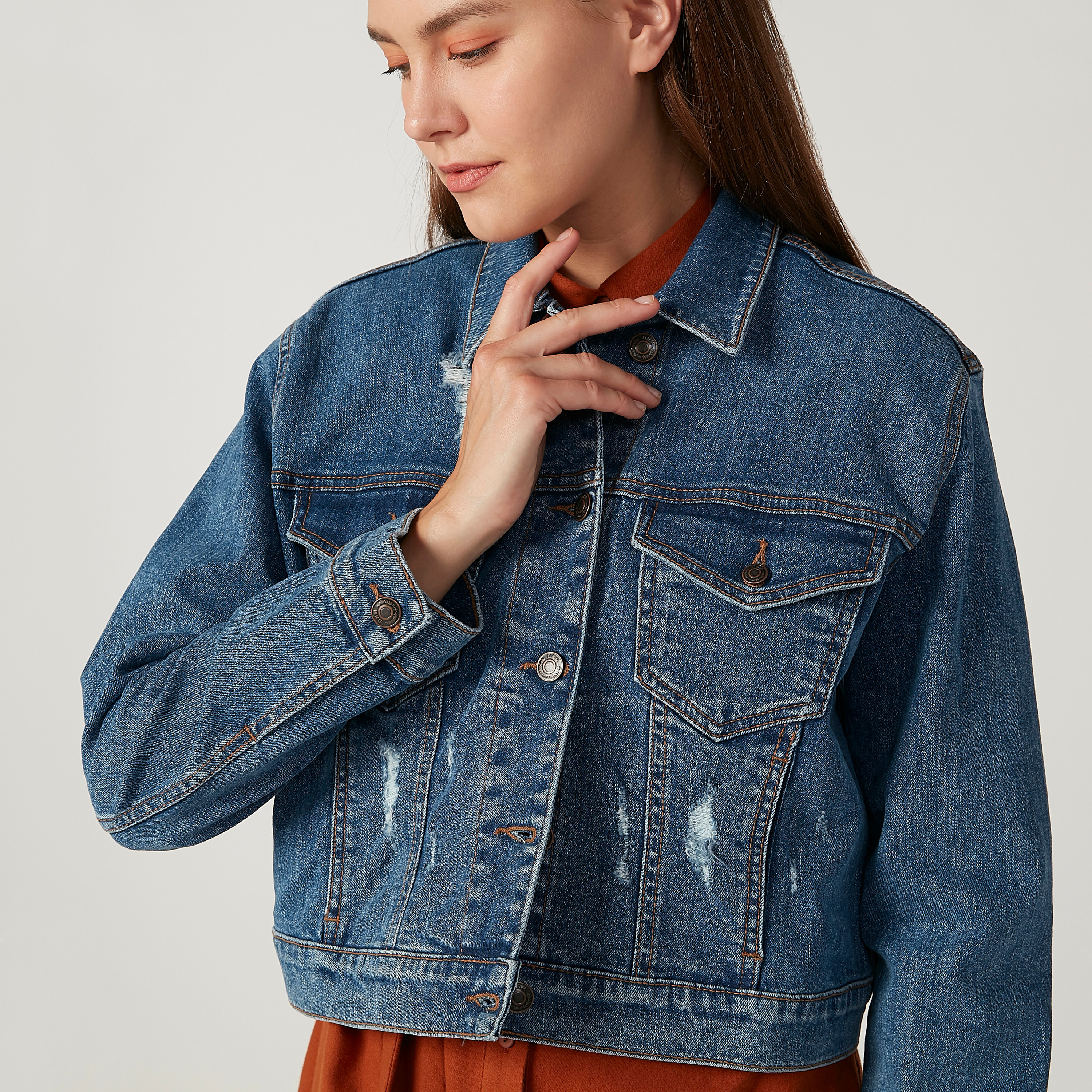 Buy Women s Distressed Denim Jacket with Long Sleeves and Flap Pockets Online Centrepoint Qatar