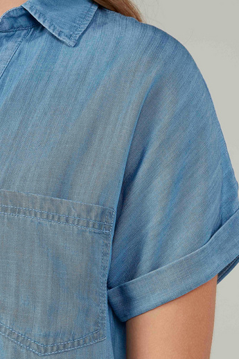 Sustainable Plain Denim Shirt with Spread Collar and Short Sleeves