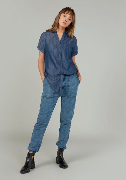 Sustainable Plain Denim Shirt with Spread Collar and Short Sleeves