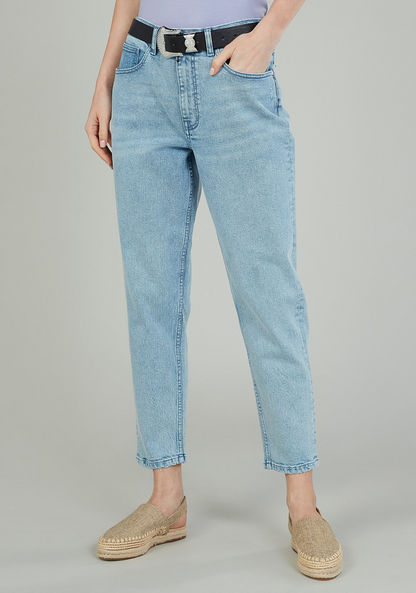 Mom Fit Plain High-Rise Jeans with Belt Loops and Pocket Detail