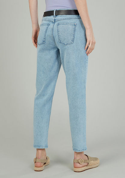 Mom Fit Plain High-Rise Jeans with Belt Loops and Pocket Detail