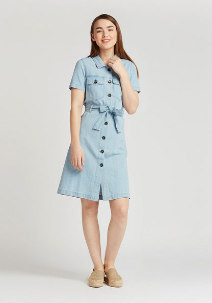 Plain Midi Shirt Dress with Short Sleeves and Tie Ups