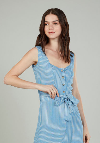 Striped Sleeveless Jumpsuit with Tie Ups and Button Detail