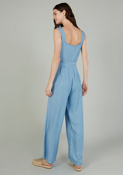 Striped Sleeveless Jumpsuit with Tie Ups and Button Detail