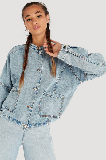 Button Front Denim Jacket with Long Sleeves and Mandarin Collar
