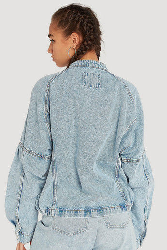 Button Front Denim Jacket with Long Sleeves and Mandarin Collar