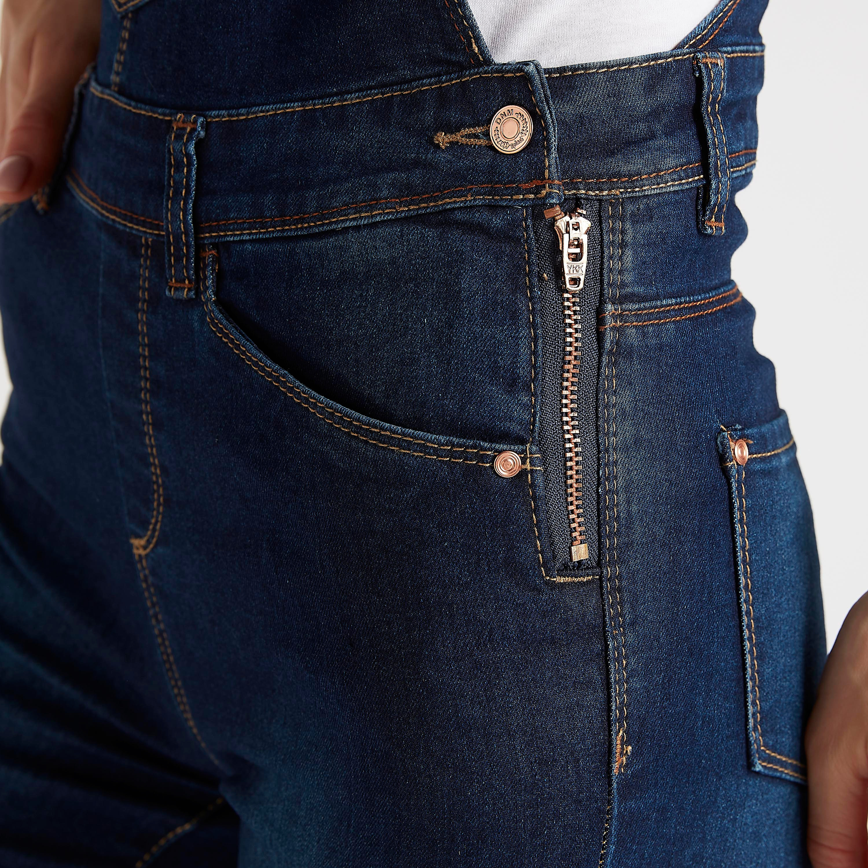Solid Denim Dungarees with Pockets and Adjustable Straps-women-clothing-jumpsuits-image-3